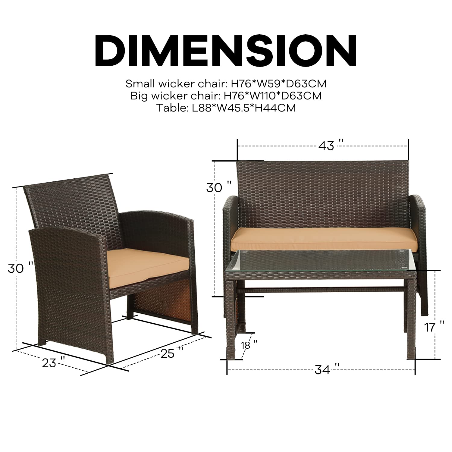4-Piece Patio Furniture Set with Cushions - Outdoor Garden Chairs and Table for Balcony, Porch, Backyard - Durable Brown Wicker Rattan for Relaxing & Entertaining