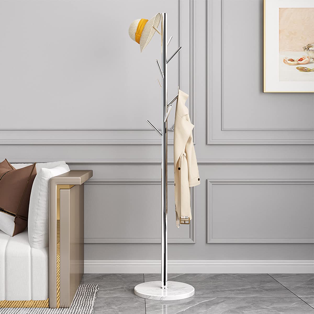 Jolitac Premium Metal Coat Rack Stand - Satin Steel Finish with Marble Base, Sturdy Free-Standing Hat & Coat Hanger with Multiple Hooks for Bedroom, Entryway, or Closet - Easy Assembly & Space-Saving Design (Satin Steel)