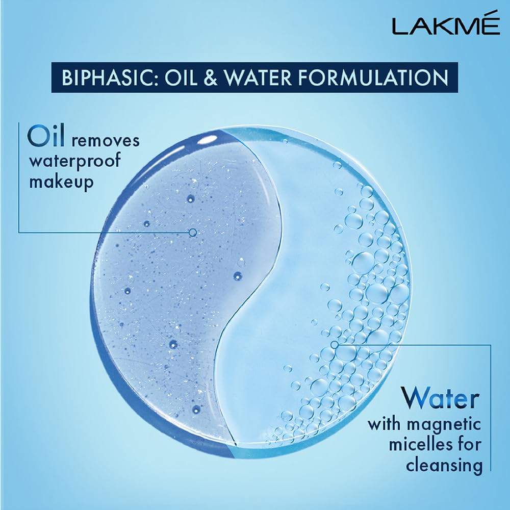 LAKMÉ Biphasic Micellar Cleansing Water 100ml - Gentle Makeup Remover for Waterproof Makeup & Sensitive Skin | Oil-Free Facial Cleanser with Hydrating Formula | Perfect for Daily Skincare & Travel