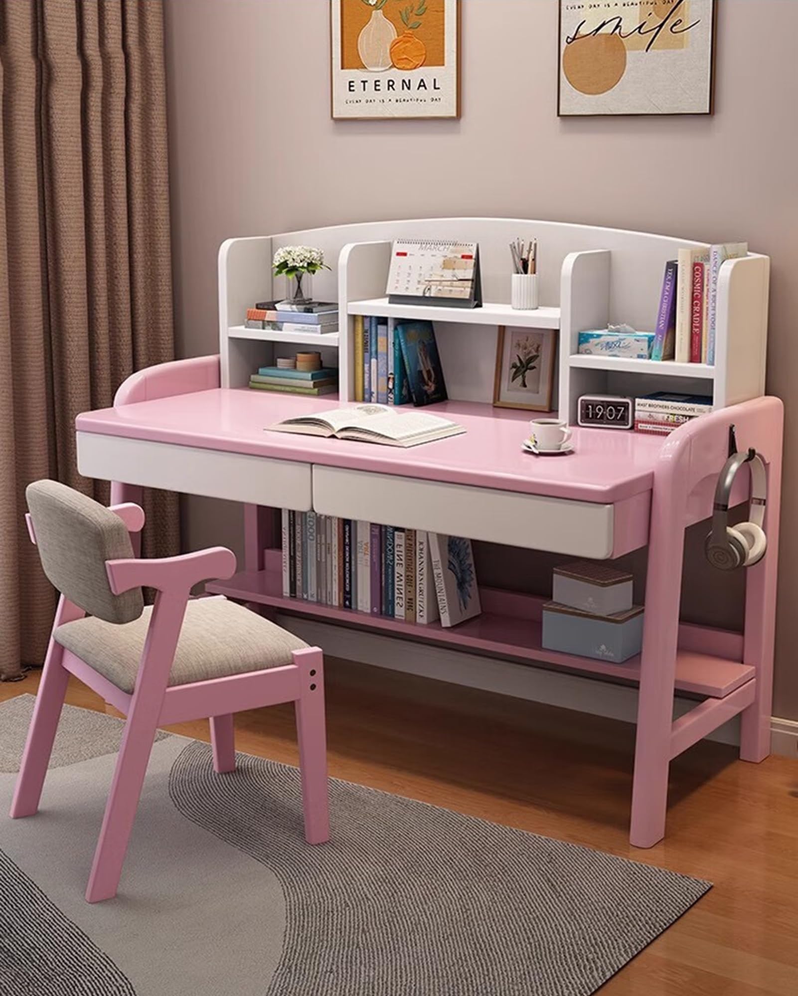 **Adjustable Height Solid Wood Kids Desk with Drawers & Bookshelf - Pink Study Desk for Home Office, Learning & Computer Work - Perfect for Homework, Online Classes & Crafting**