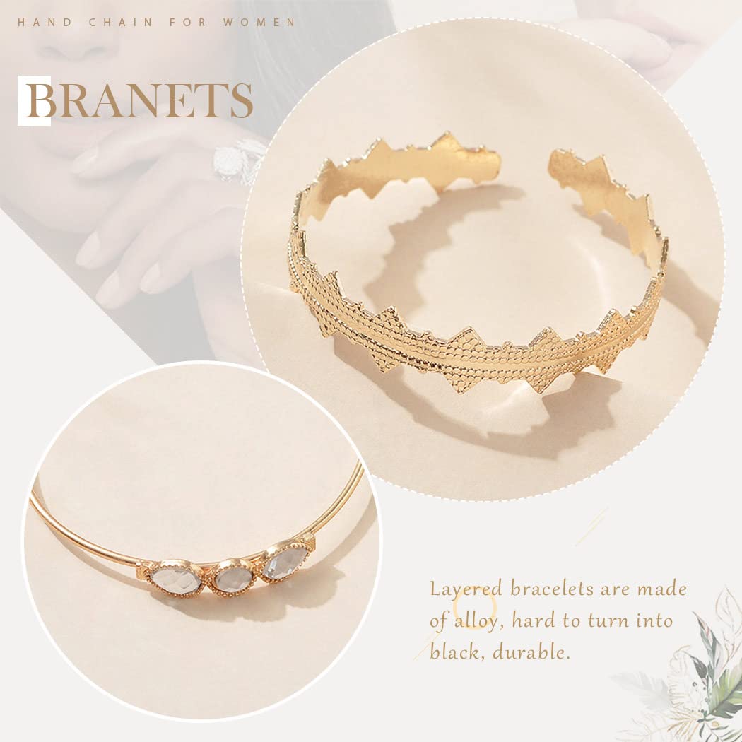 Boho Crystal Bracelets Set for Women - 7 Pcs Gold Layered Tassel Bangle Rhinestone Hand Chain Jewelry | Perfect for Festival, Party, Wedding & Everyday Wear