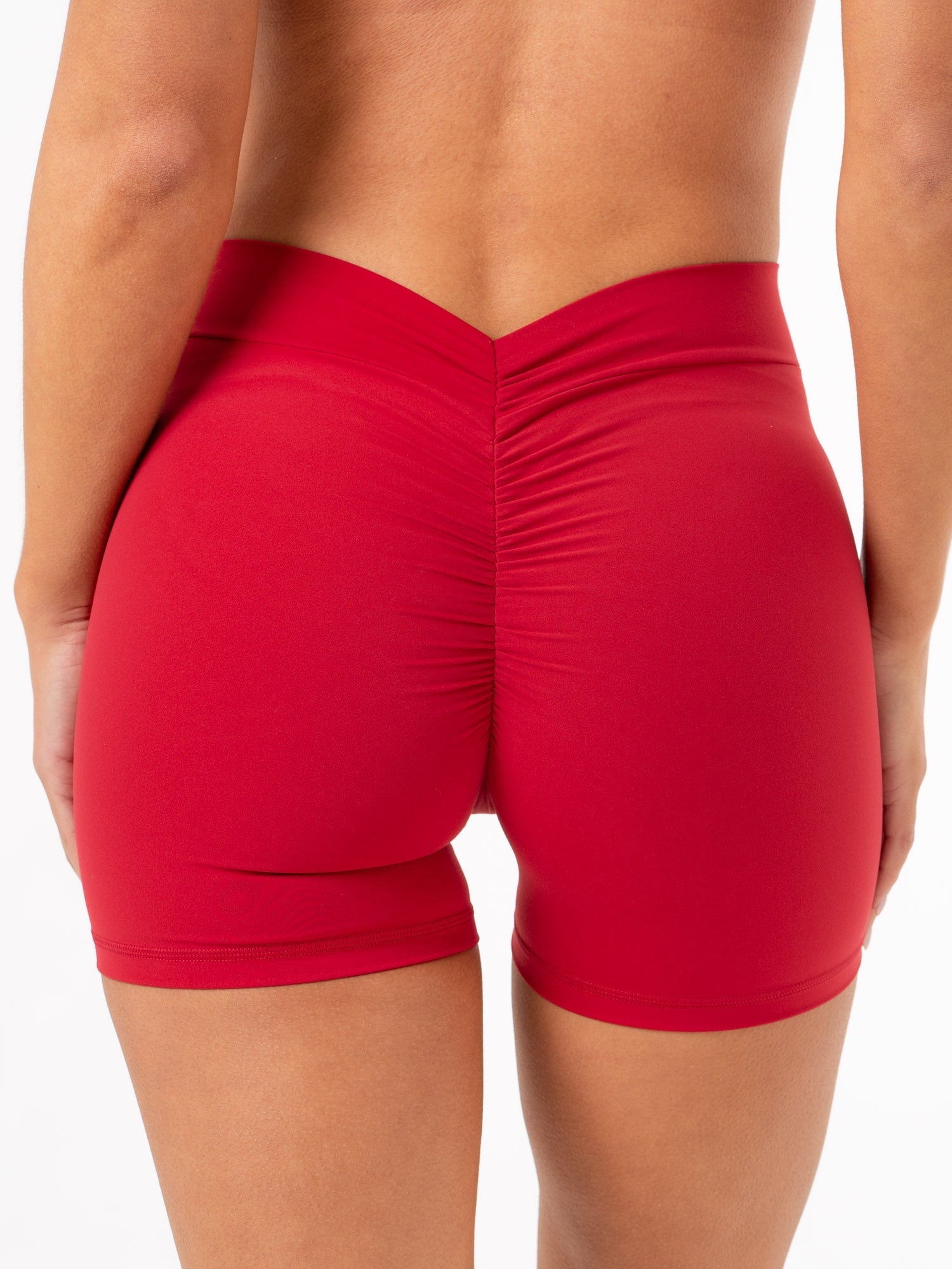 NKD V Scrunch Shorts for Women - High Waisted Yoga Shorts, Cherry Red - Perfect for Workout, Running, Gym & Lounge Wear