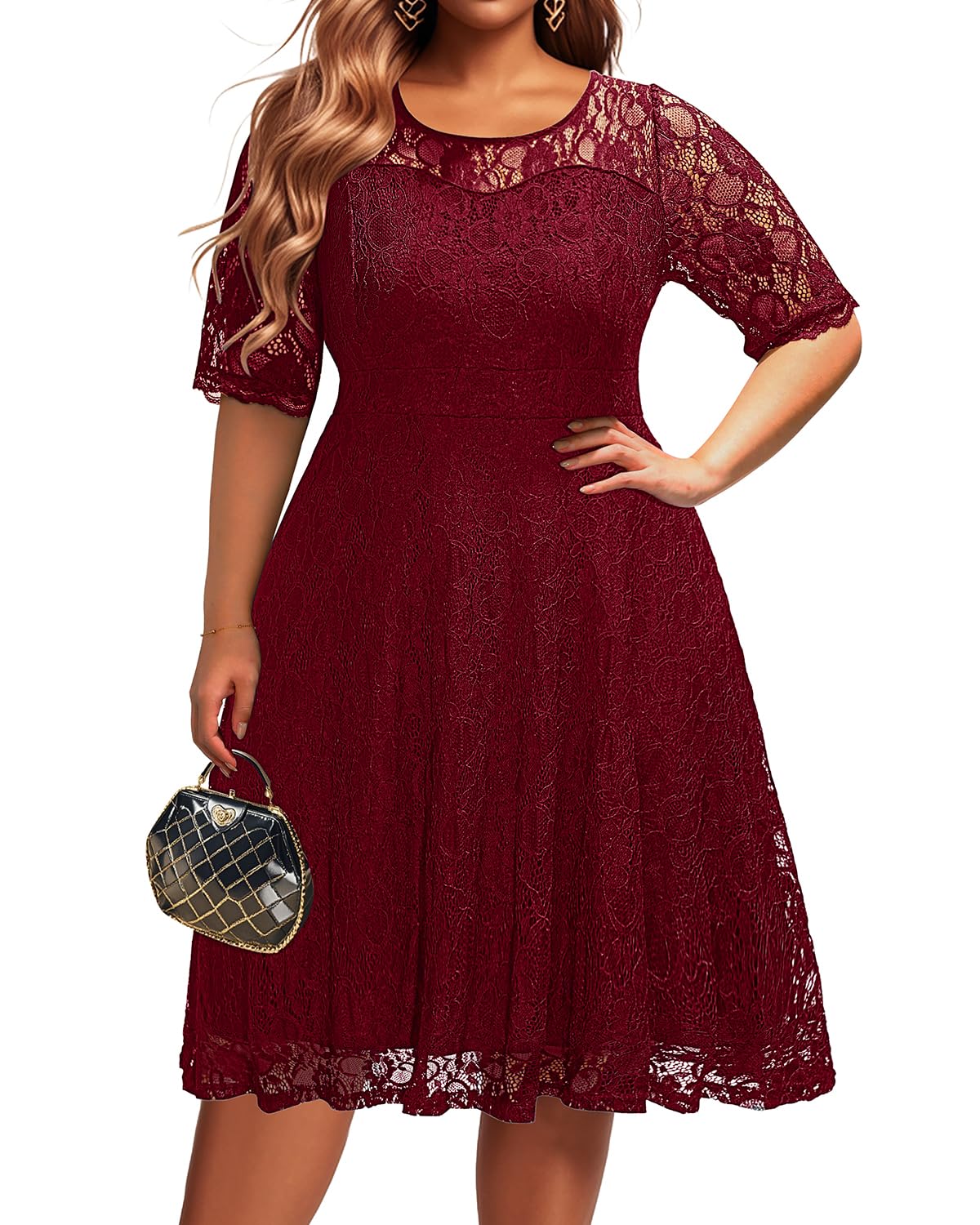 Elegant Plus Size Women's Lace V-Neck Midi Dress for Wedding Guest, Bridal Shower & Cocktail Party | Semi-Formal Occasion Wear | Perfect for Evening Events & Special Celebrations