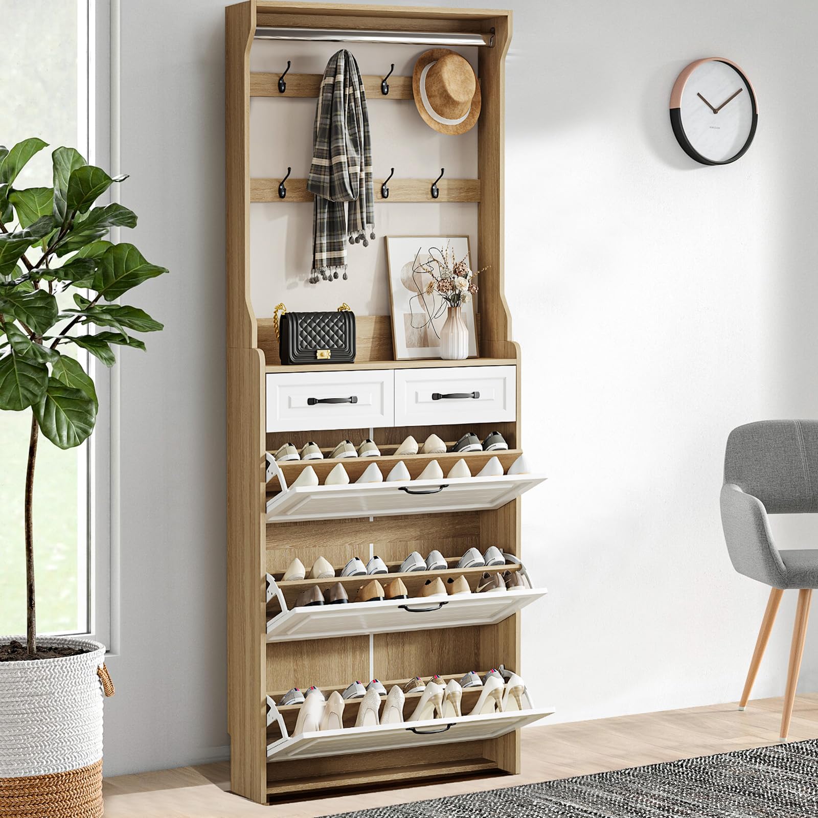 WIIS' IDEA 3-Tier Flip Front Shoe Cabinet with 2 Drawers - Freestanding Entryway Shoe Storage Organizer - Hidden Wooden Shoe Rack for Small Spaces - Narrow Farmhouse Style Shoe Cabinet with Legs (Brown) - Perfect for Hallway, Closet & Apartment Organization