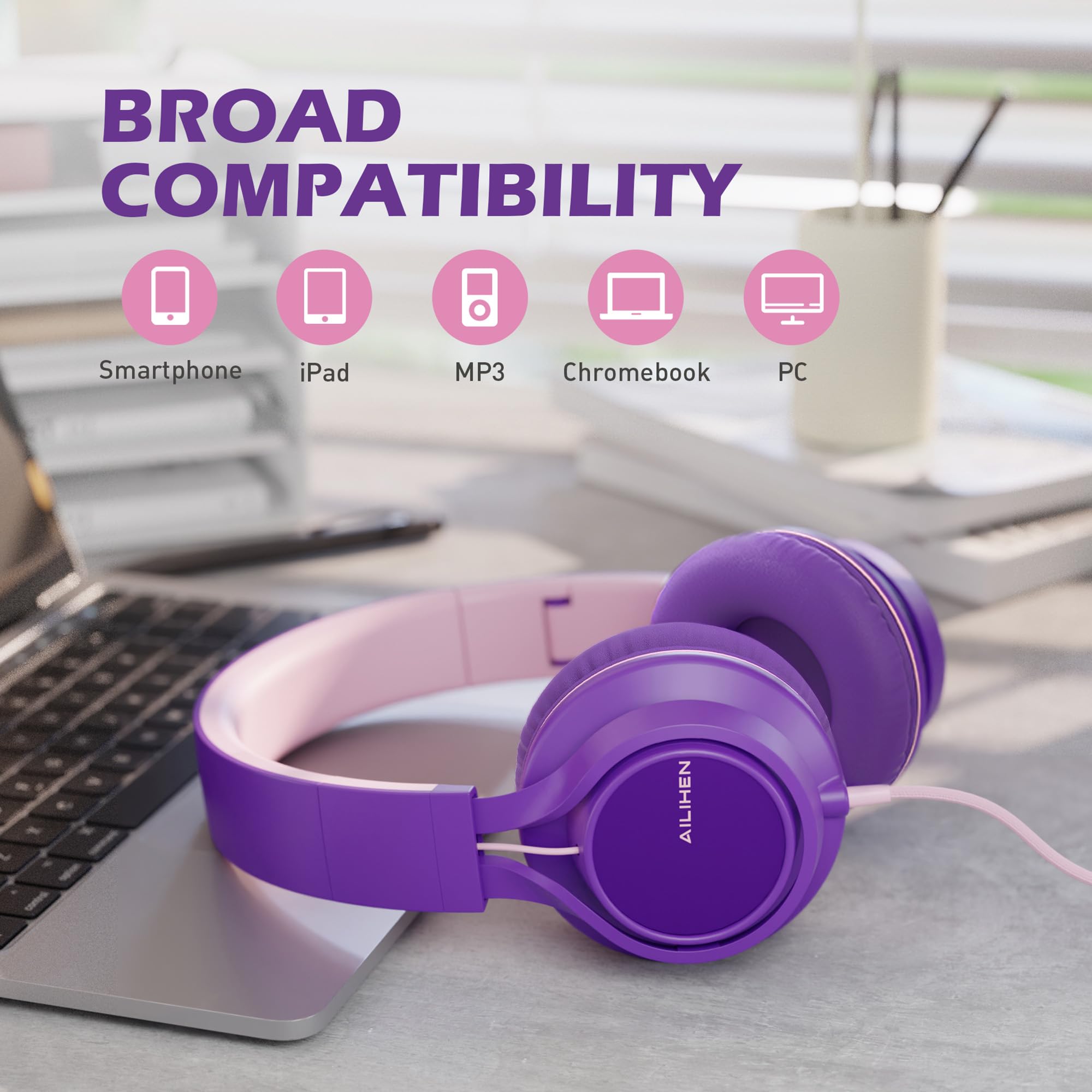 AILIHEN C8 Girls Headphones - Wired On-Ear Headset with Microphone, Volume Control & Foldable Design - 3.5mm Stereo Audio for School, Chromebook, Laptop, PC & Tablet - Perfect for Online Classes, Travel & Home Use (Purple Pink)