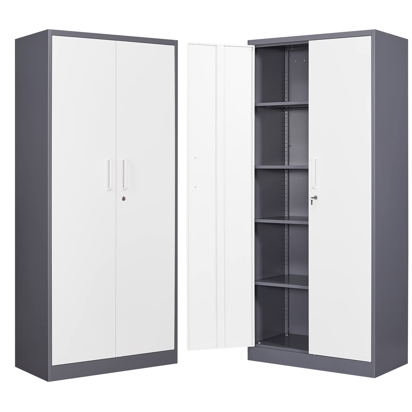 BYNSOE Metal Storage Cabinet with Locking Door - 4 Adjustable Shelves Steel Locker for Home, School, Office & Garage Organization - Grey White Storage Cabinet for Clothes, Tools & Supplies