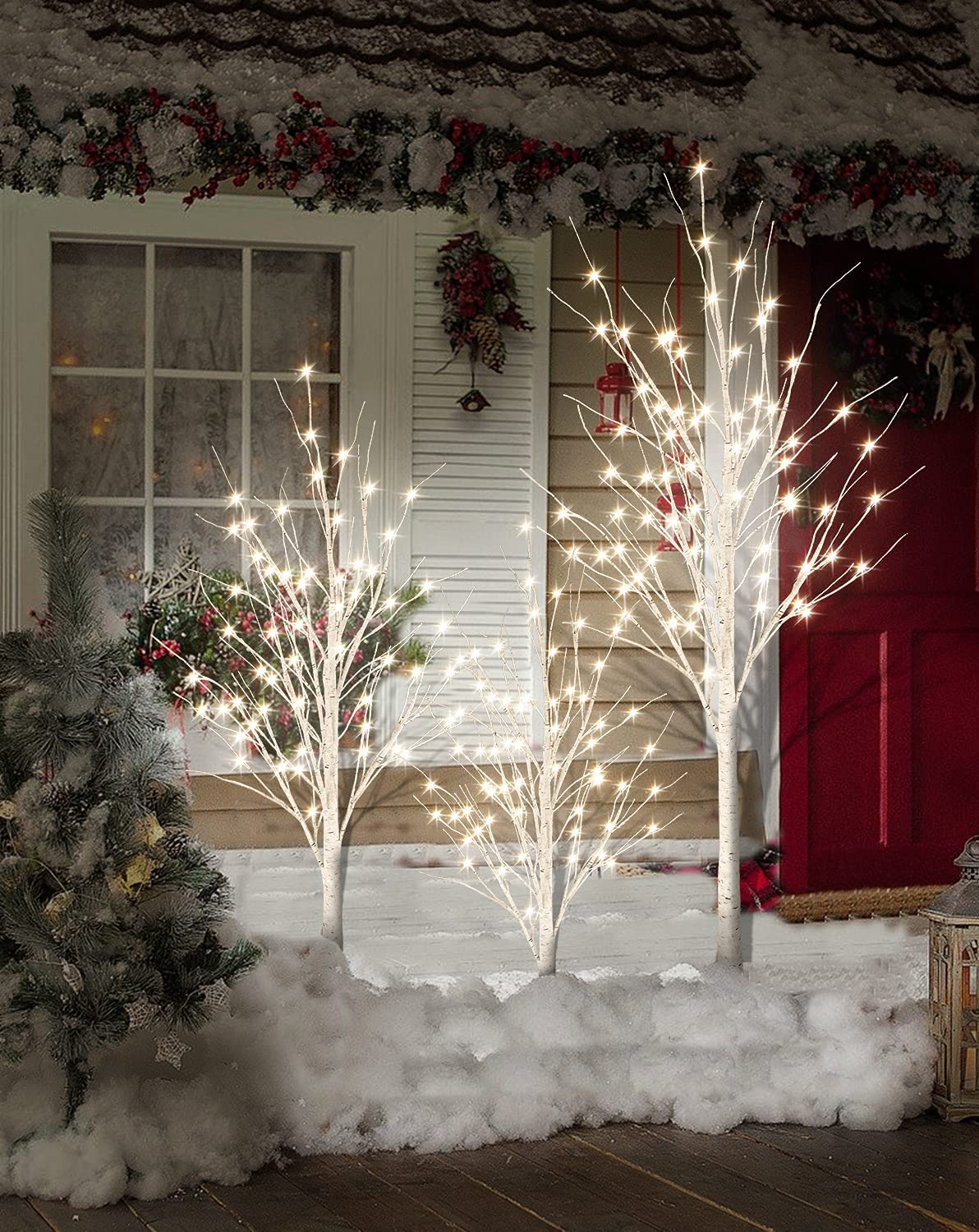 MIERES Lighted Birch Tree - Pack of 3 Prelit Christmas Trees (4ft, 5ft, 6ft) | Indoor/Outdoor LED Holiday Decor for Porch, Home, Wedding & Parties | Warm White Lights for Christmas, Easter, Summer Festivals & Seasonal Celebrations