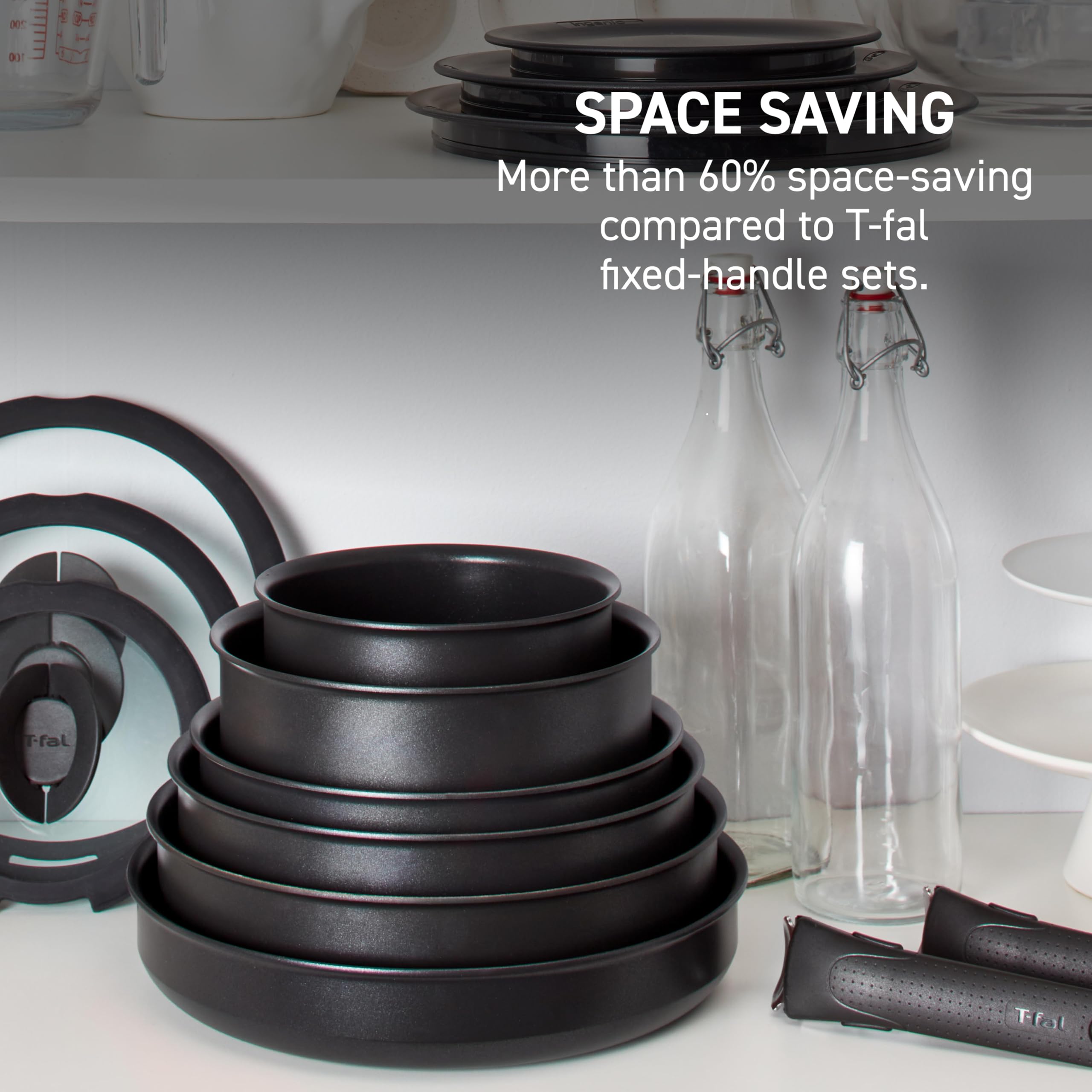 T-FAL Ingenio 14-Piece Nonstick Cookware Set with Detachable Handles - Stackable Pots & Pans - Oven & Dishwasher Safe - Induction Compatible - Perfect for RV, Camping & Small Kitchens - Cherry Red