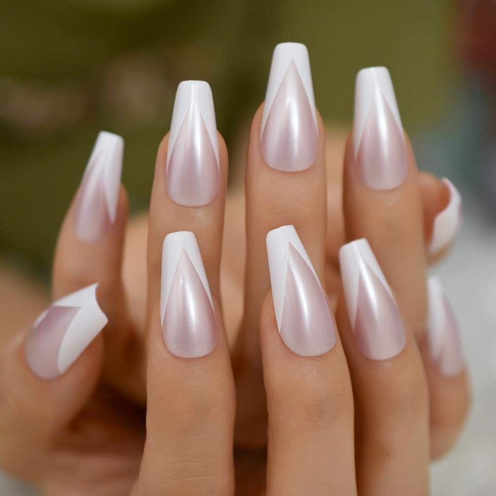 HUJL False Nails - Shiny French Pink Pearl Press On Fake Nails, Long Ballerina & Coffin Shape Nail Covers with Extension Tool | Perfect for Parties, Weddings & Special Occasions