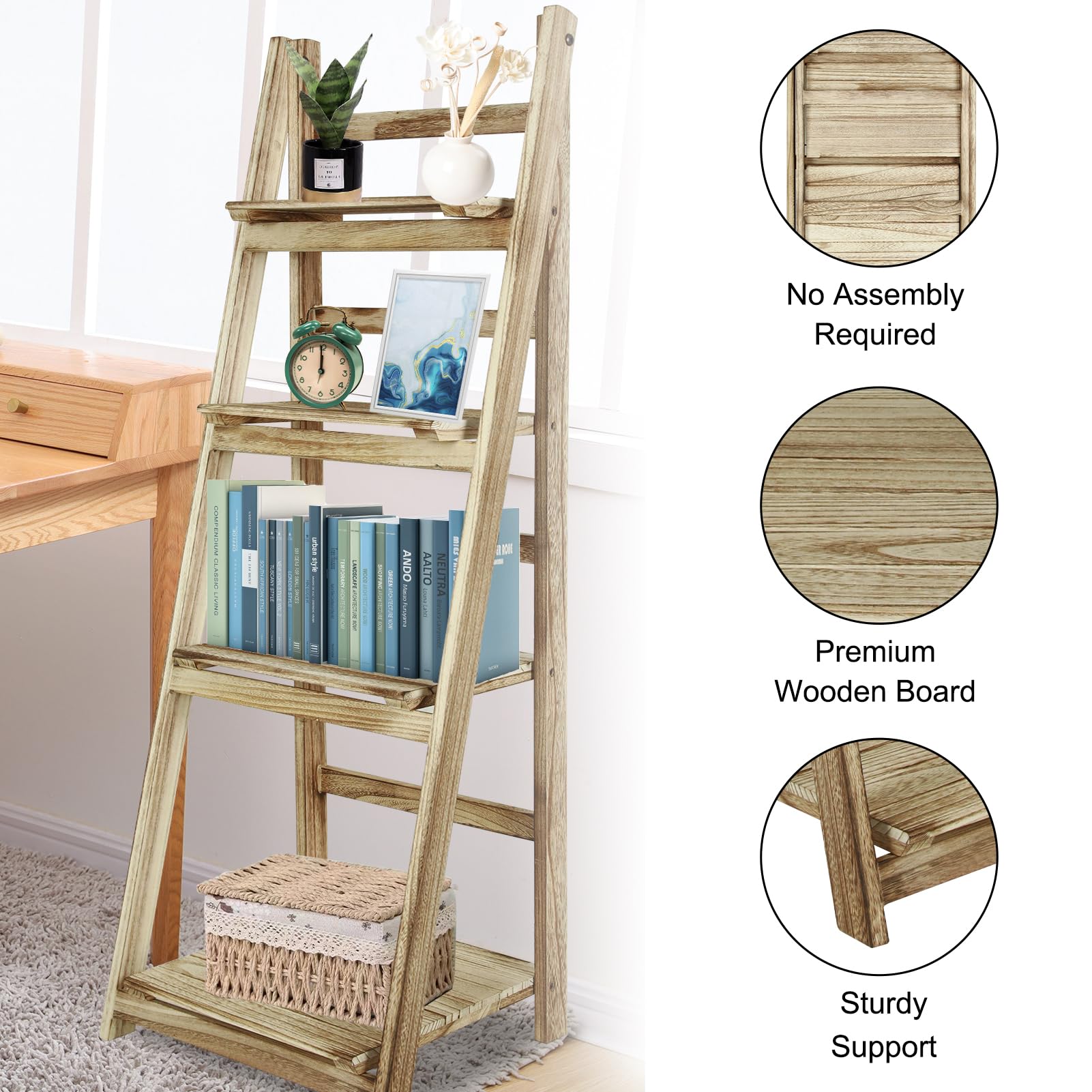 ECOMEX 4-Tier Wooden Ladder Shelf - Rustic Style Folding Bookshelf & Plant Stand for Indoor Decor, Living Room, Bedroom, or Office | Perfect for Displaying Books, Plants, and Decorative Items