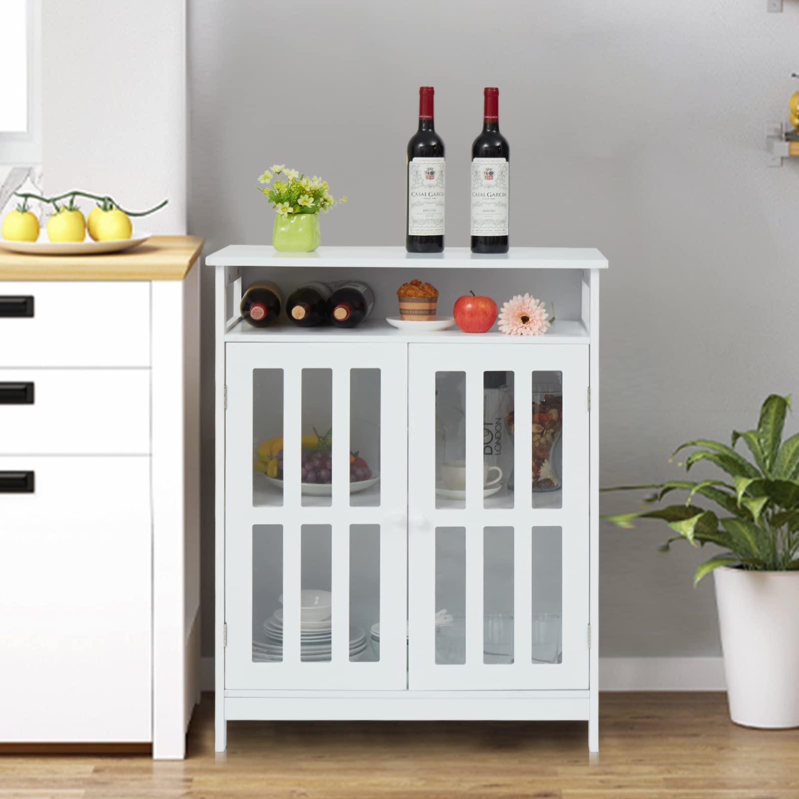 White Wooden Sideboard Buffet Cabinet with Open Shelf & 2 Glass Doors - Kitchen Storage Console Table for Dining Room, Hallway, Living Room | Perfect for Home Organization & Stylish Decor