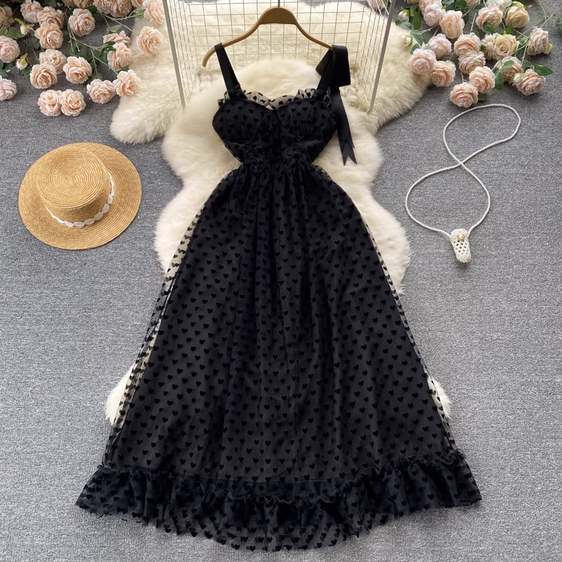 French Summer Fairy Air Net Gauze Tutu Skirt - Mid-Length Spaghetti Strap Dress for Women | Perfect for Beach Vacations, Garden Parties & Boho Photoshoots