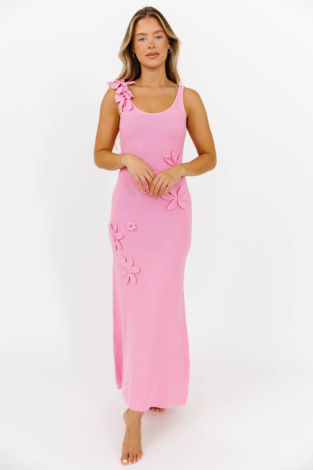 Elysian 3D Floral Applique Detailed Knit Sweater Maxi Dress - Elegant Pink Long Sleeve Boho Chic Dress for Women | Perfect for Weddings, Parties & Fall Fashion