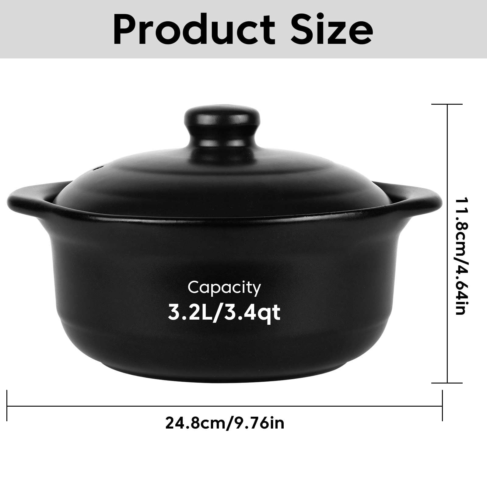 3.4 Quart Ceramic Cooking Pot - Heat-Resistant Clay Casserole with Lid for Stovetop, Rice, Meat & Soup - Traditional Chinese Cookware Stone Pot for Home Kitchen & Asian Cuisine
