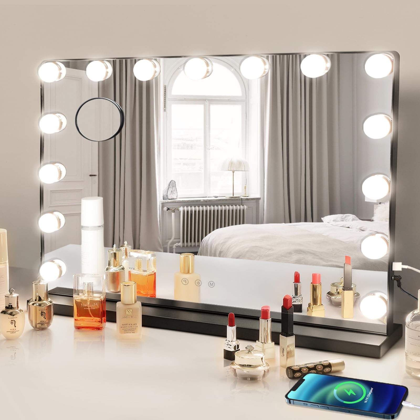 Depuley 23-Inch Hollywood Vanity Mirror with Lights - 15 Dimmable LED Bulbs, Smart Touch Switch, Large Makeup Mirror for Dressing Table, Bedroom, Bathroom - Perfect for Makeup Application, Skincare Routine & Home Decor (Black)