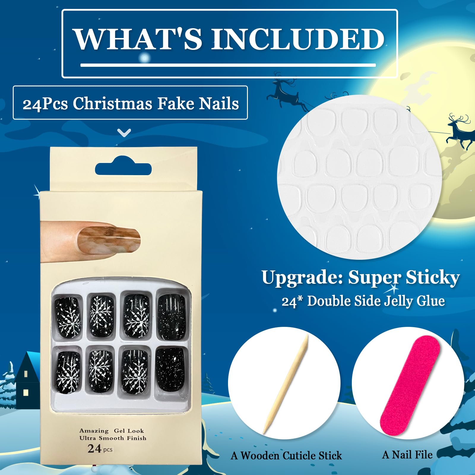 24-Pack Christmas Short Square False Nails - Glossy Black French Tips with Snowflake Designs, Acrylic Press-On Nails for Women & Girls | DIY Manicure, Holiday Parties, Gift Giving, Salon-Quality Nails at Home
