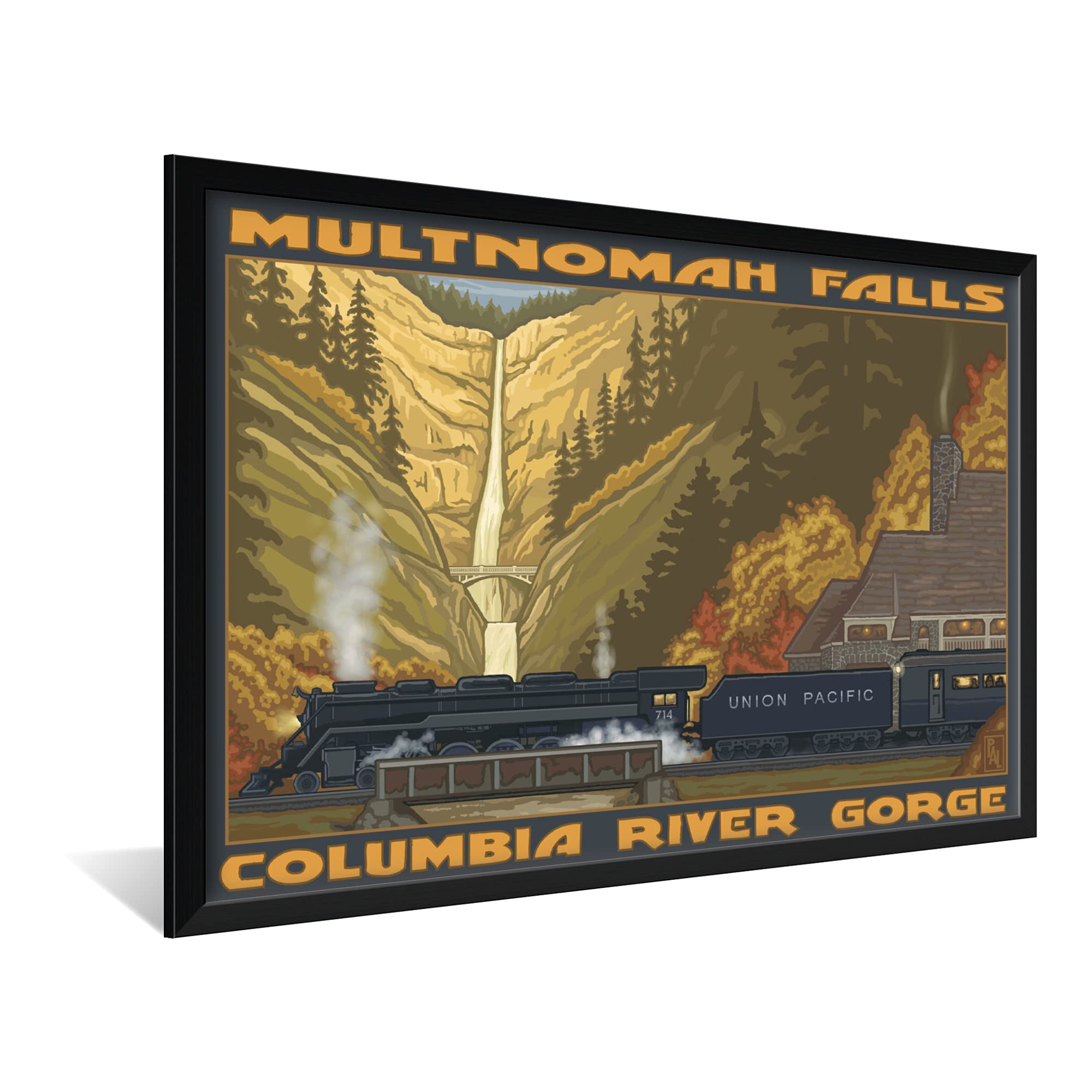 Paul A. Lanquist Framed Art Print - Multnomah Falls Landscape Painting - Professional Horizontal Framing 32x47 Inches - Perfect for Living Room, Office & Home Decor