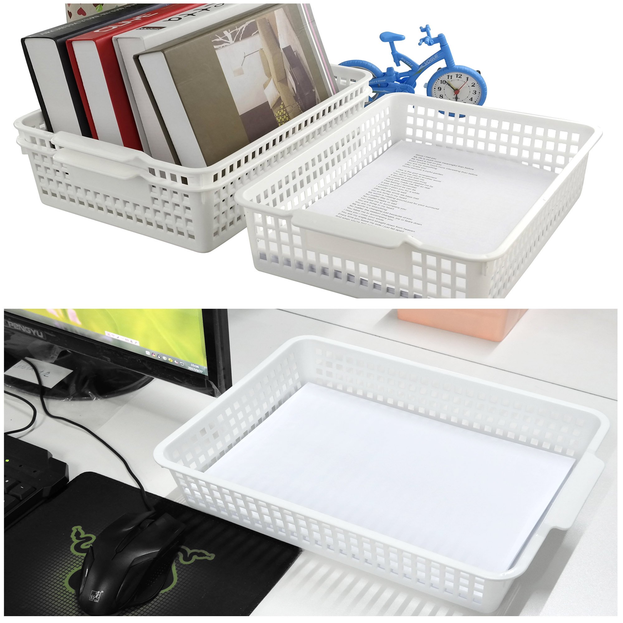 6-Pack White Plastic Storage Trays & Baskets - File Organizer for Office, Home, Kitchen | Perfect for Paper, Documents, Mail & Office Supplies Organization