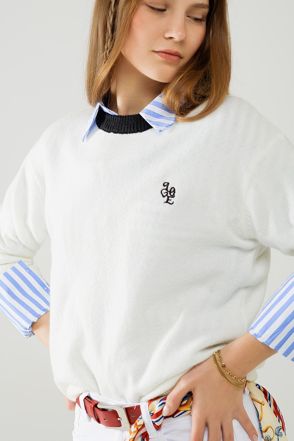 White Pullover with Contrast Collar and Love Logo on Chest - Perfect for Casual Wear, Date Nights & Everyday Comfort
