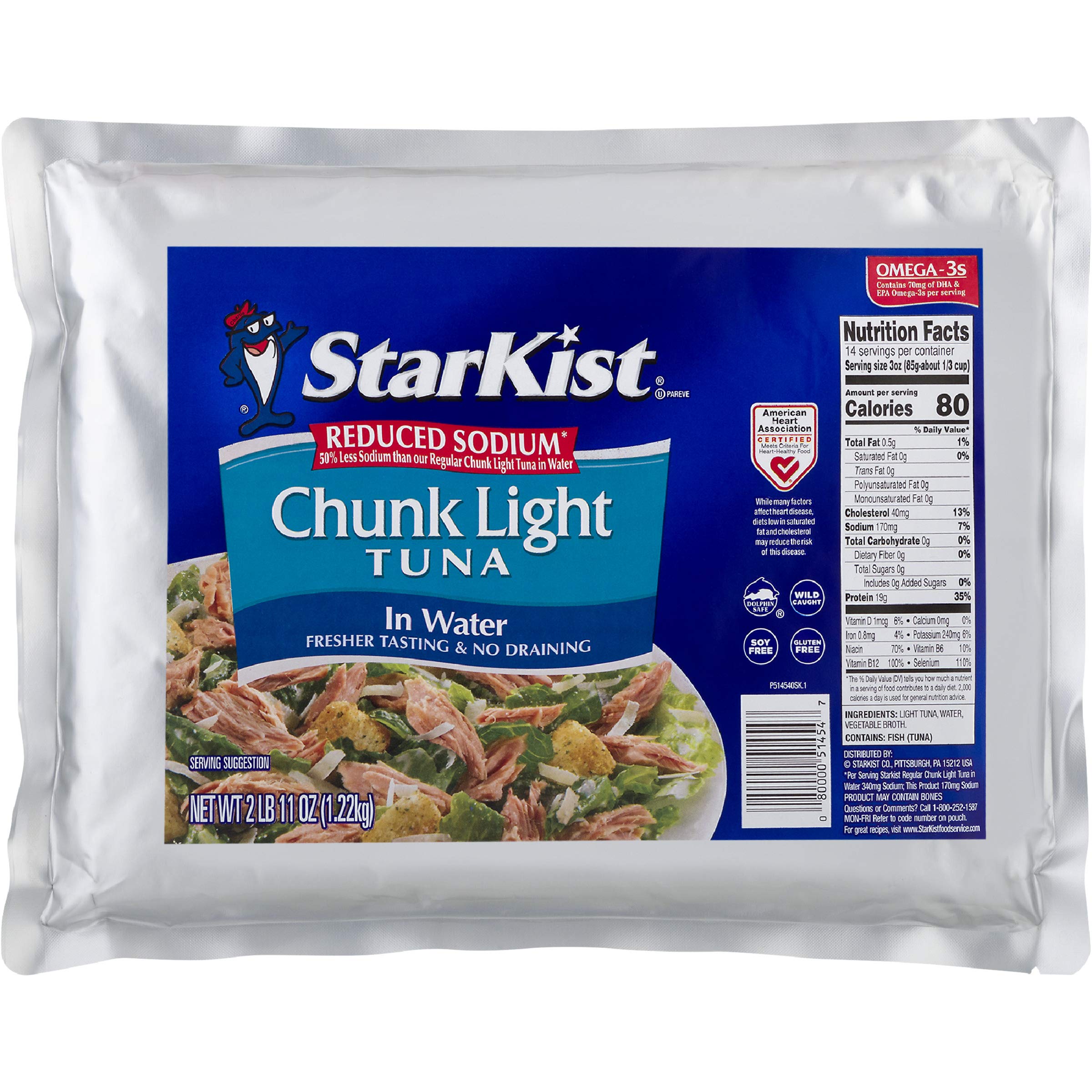 StarKist Reduced Sodium Chunk Light Tuna in Water - 43 oz Pouch (Pack of 6) | Healthy Low Sodium Canned Tuna Fish | Perfect for Salads, Sandwiches & Meal Prep