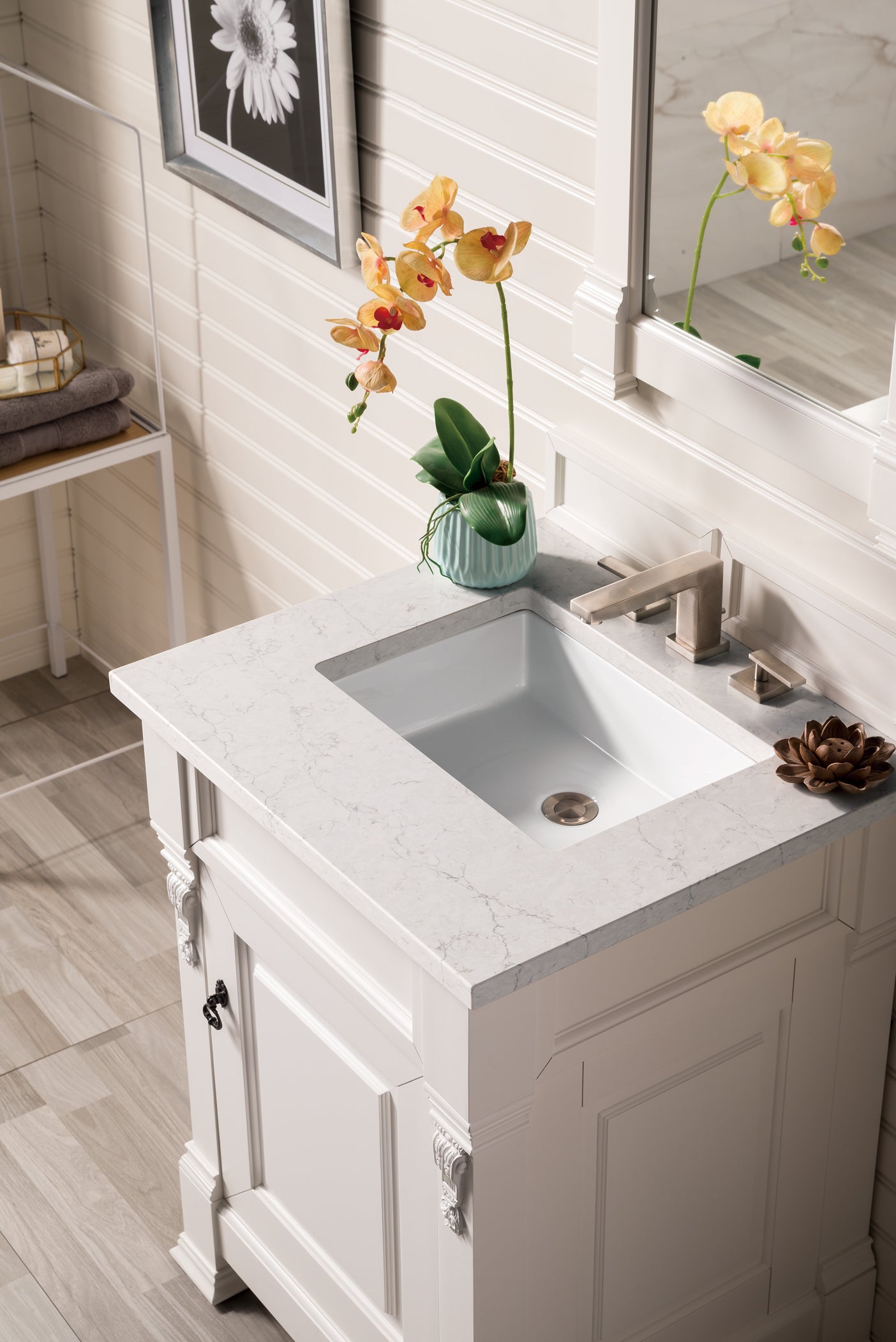 Brookfield 26 Inch Single Bathroom Vanity Set - Bright White with 3CM Eternal Jasmine Pearl Quartz Countertop | Perfect for Modern Bathrooms & Small Spaces