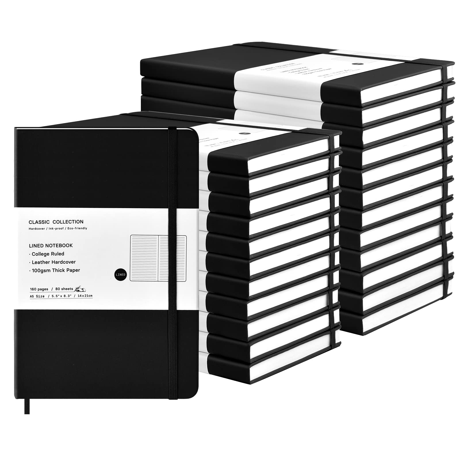 Coopay 24 Pack A5 Lined Hardcover Notebooks - 160 Pages, 100GSM Thick Paper, 8.3 x 5.5 Inch Leather Journals for Writing, Office, School & Business | Bulk Journals for Men & Women | Perfect for Note Taking, Journaling & Meetings (Black)