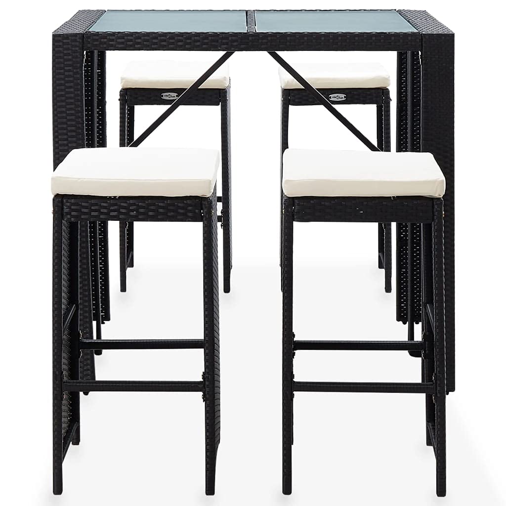 5-Piece Outdoor Bar Set - Black Poly Rattan & Glass Table with Cushions - Patio, Garden, Poolside Furniture for Backyard, Courtyard & Outdoor Entertaining