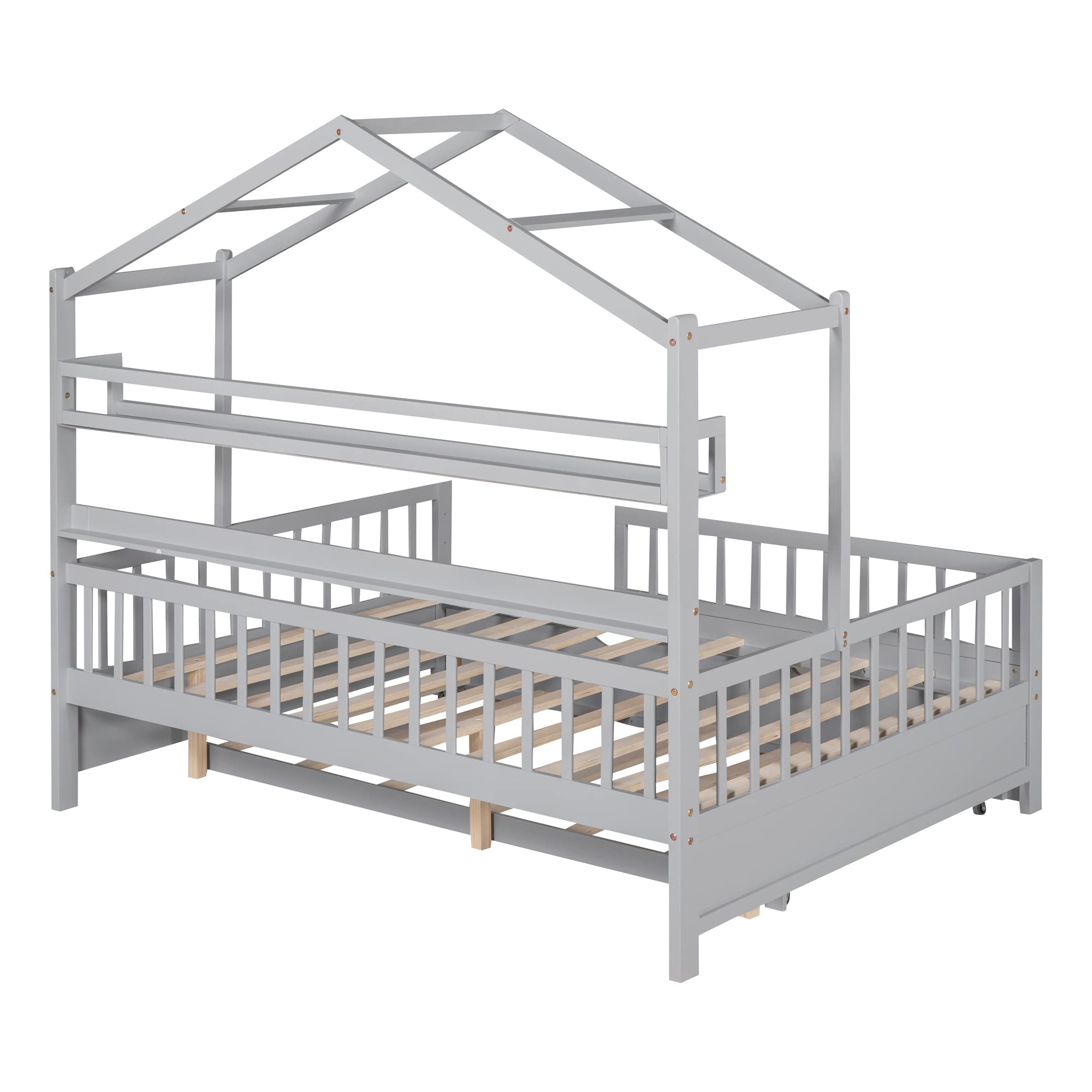 Bellemave Full Size House Bed with Trundle and Storage Shelves - Montessori Kids Bed with Safety Rails, Wooden Playhouse Tent Bed Frame for Boys & Girls (Gray) - Perfect for Bedrooms, Playrooms & Montessori Learning Spaces