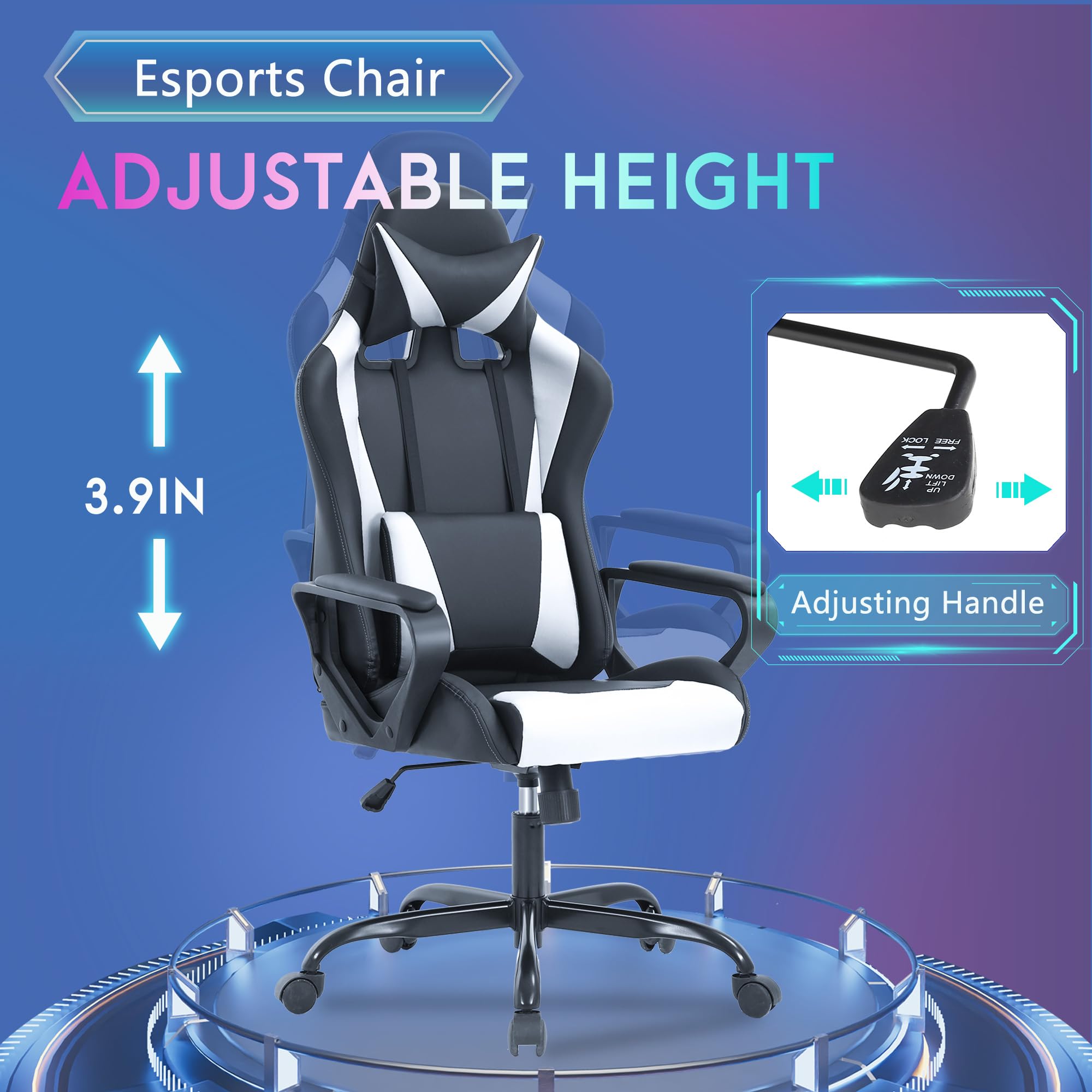 Ergonomic Gaming Chair - Racing Style Computer Desk Chair with Adjustable Armrests, 360° Swivel & Smooth Casters, PU Leather Executive Office Chair with Headrest & Lumbar Support for Back Pain Relief - Perfect for Home Office, Gaming Setup & Workstation (White)