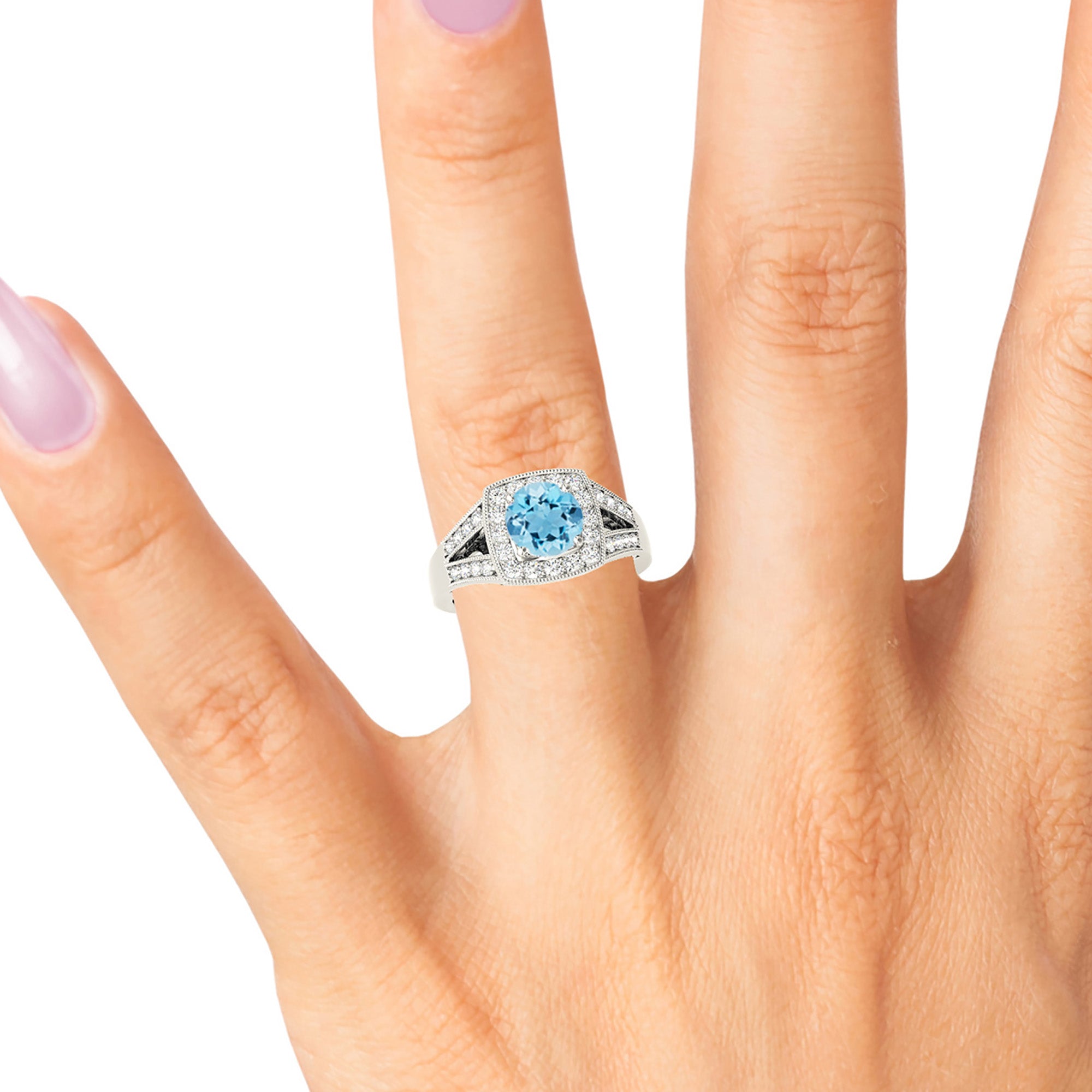 1.65 Carat Genuine Aquamarine Ring with Cushion Halo & Fancy Filigree Diamond Accents - Elegant Wedding, Engagement & Anniversary Jewelry Gift for Women