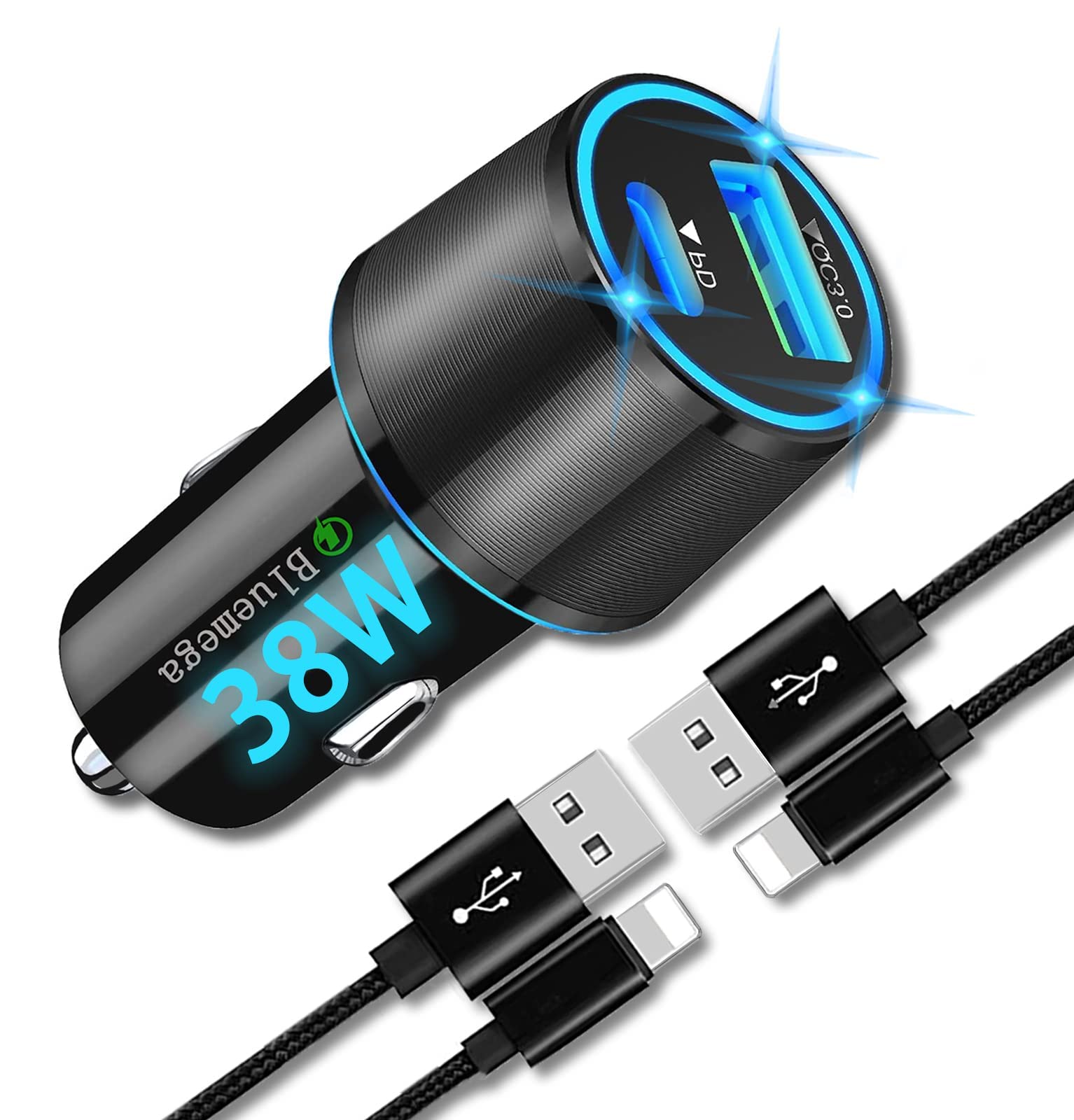 38W Fast USB C Car Charger with PD3.0 & QC3.0 - Dual Port Quick Charge Car Adapter with 2 Pack Lightning Cable - Compatible with iPhone 15/14/13/12 Pro Max/Plus - Perfect for Road Trips & Daily Commute