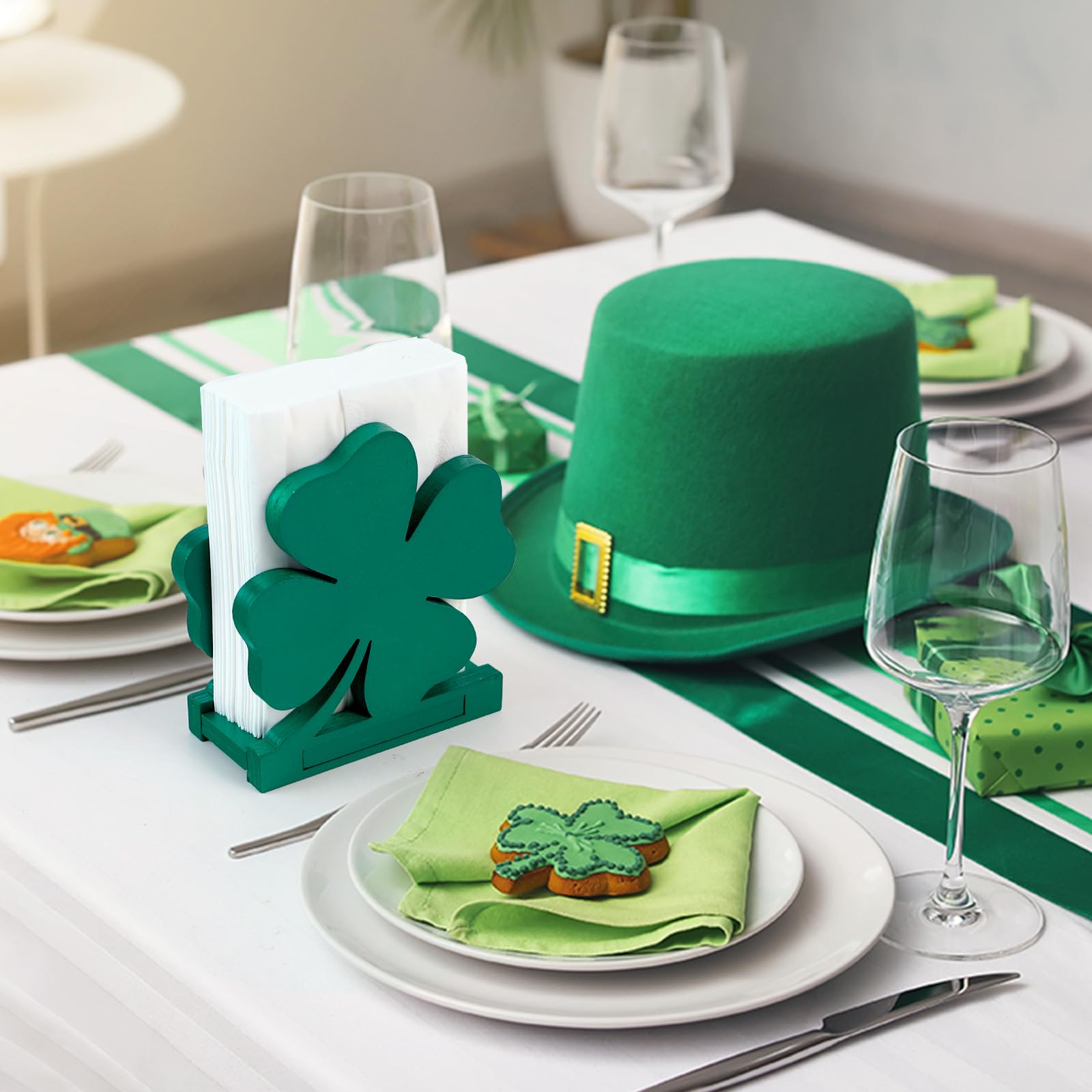 St. Patrick's Day Wooden Shamrock Napkin Holder - Green Irish-Themed Tissue Dispenser for Farmhouse & Modern Tables | Perfect for Cocktail Parties, Irish Decor & Kitchen Storage (Shamrock Design)