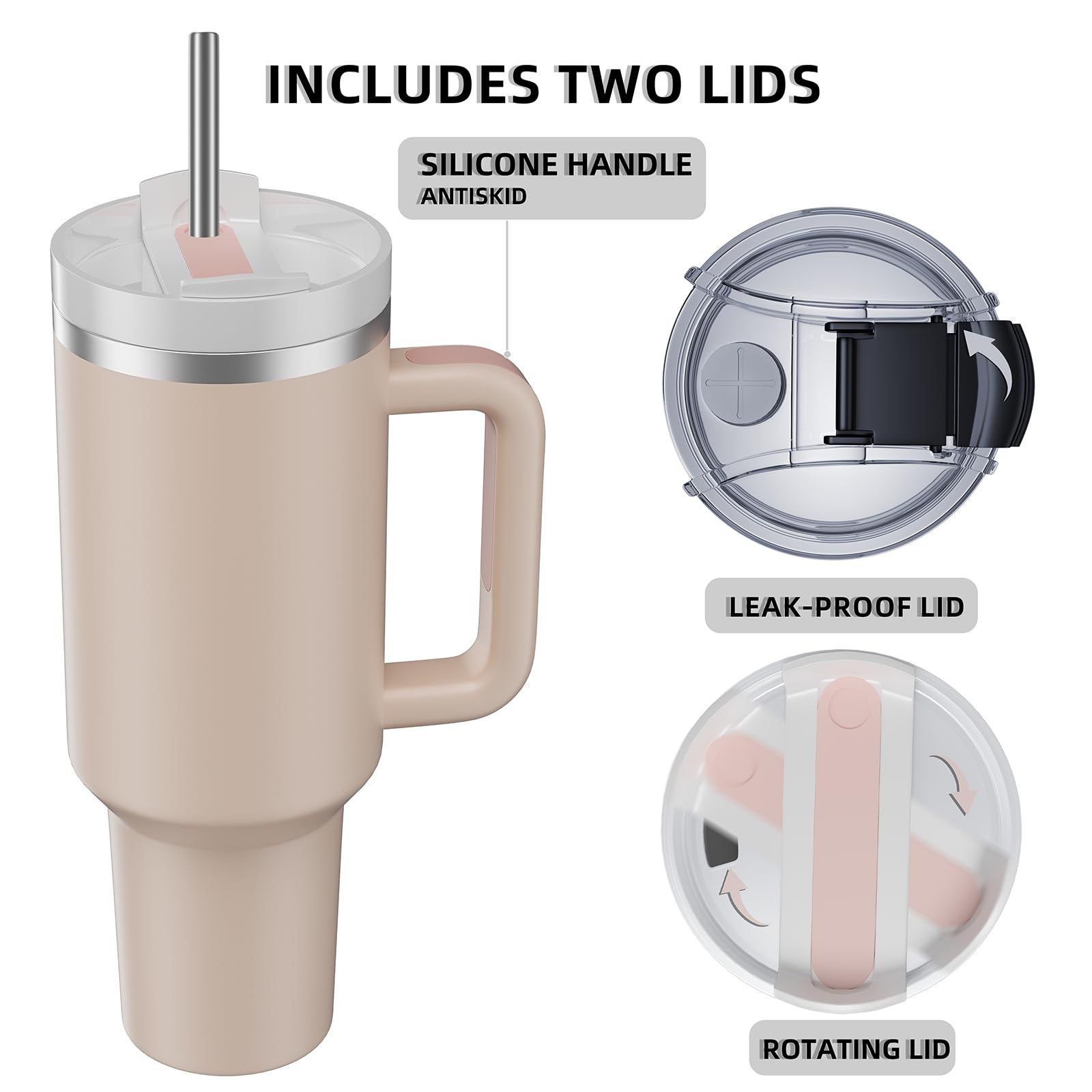 MURRICON 40 oz Stainless Steel Insulated Tumbler with Handle & Straw - Vacuum Insulated Travel Mug for Coffee, Tea & Cold Drinks - Reusable Leakproof Cup for Office, Gym & Outdoor Activities (Rose Quartz)