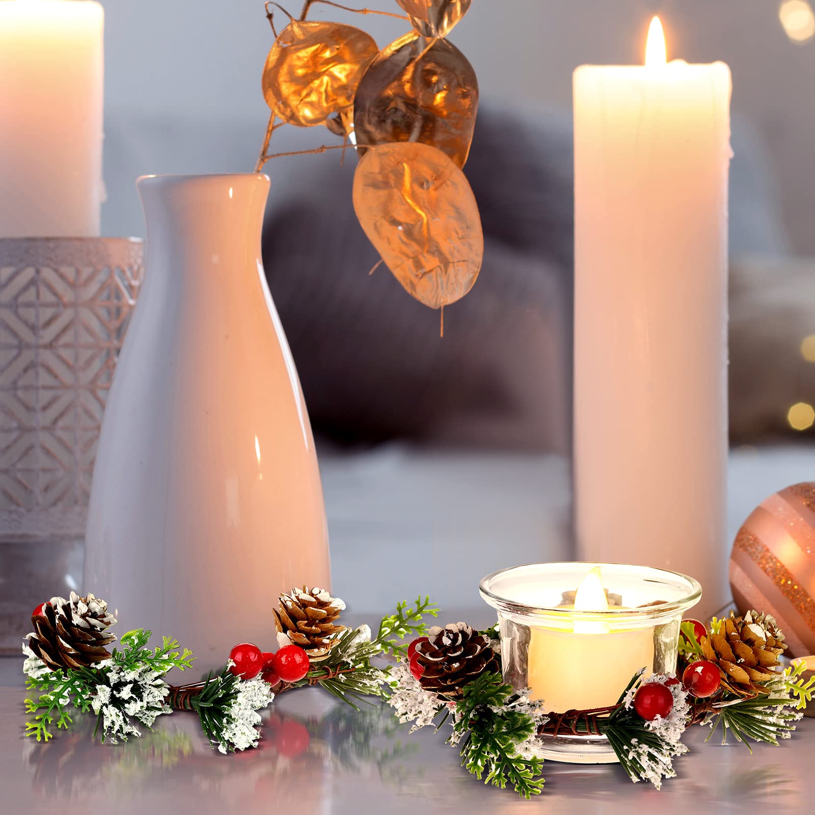 18 Pcs Christmas Candle Rings Set - Artificial Berry Wreath with Glass Tealight Holders & Votive Candles for Holiday Table Decor, Fireplace Mantel, and Festive Home Decoration