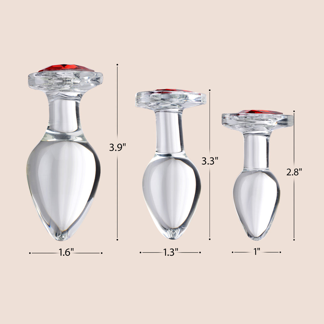 Red Heart Gem Glass Anal Plug Set - 3 Piece Jeweled Butt Plugs for Sensual Play & Couples Fun | Perfect for BDSM, Roleplay & Spicing Up Your Intimate Moments