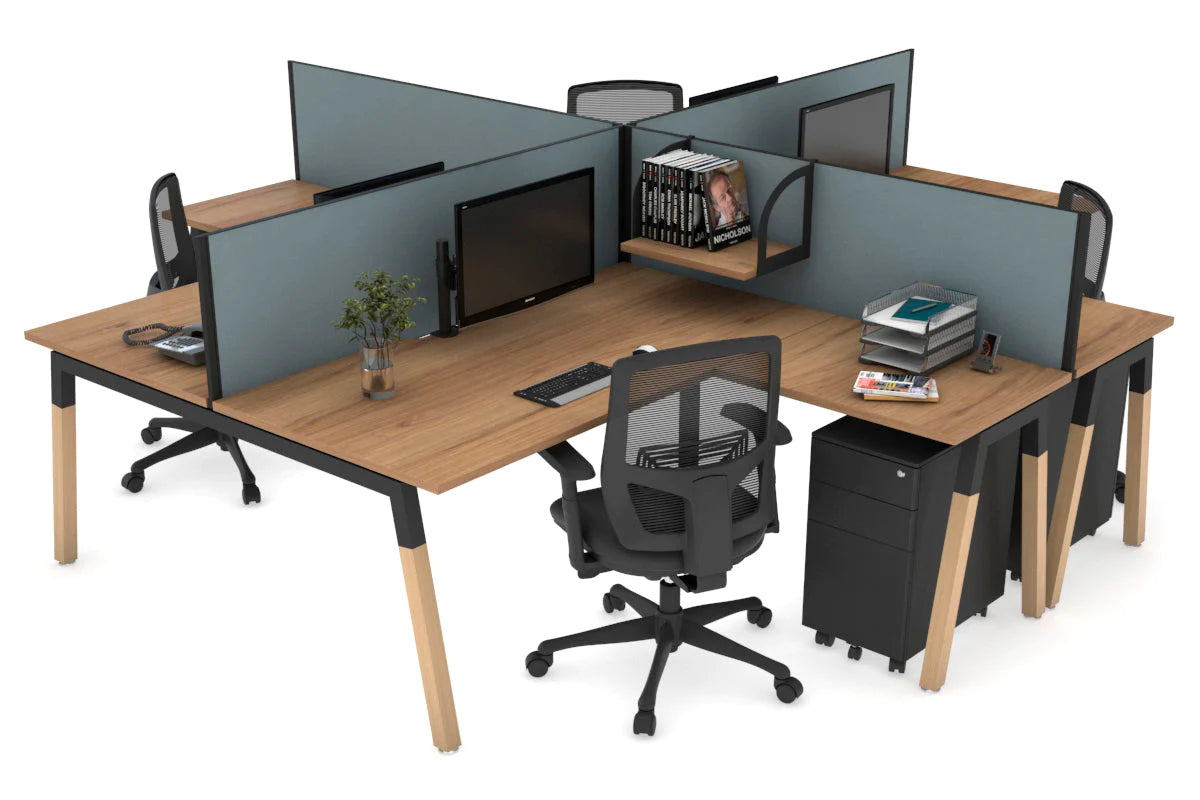 Quadro Wood A Legs Cross Beam 4-Person Corner Workstation Desk - 1600L x 1800W with Cable Management Scallop - Perfect for Office, Home Workspace & Collaborative Environments