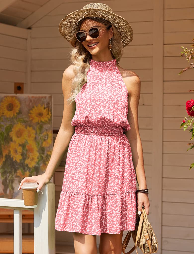 Locryz Women's Floral Summer Dress - Sleeveless Halter Neck Casual Sun Dress with Swing Pleated Design for Beach, Party & Vacation | Lightweight Breathable Fabric for Outdoor Activities