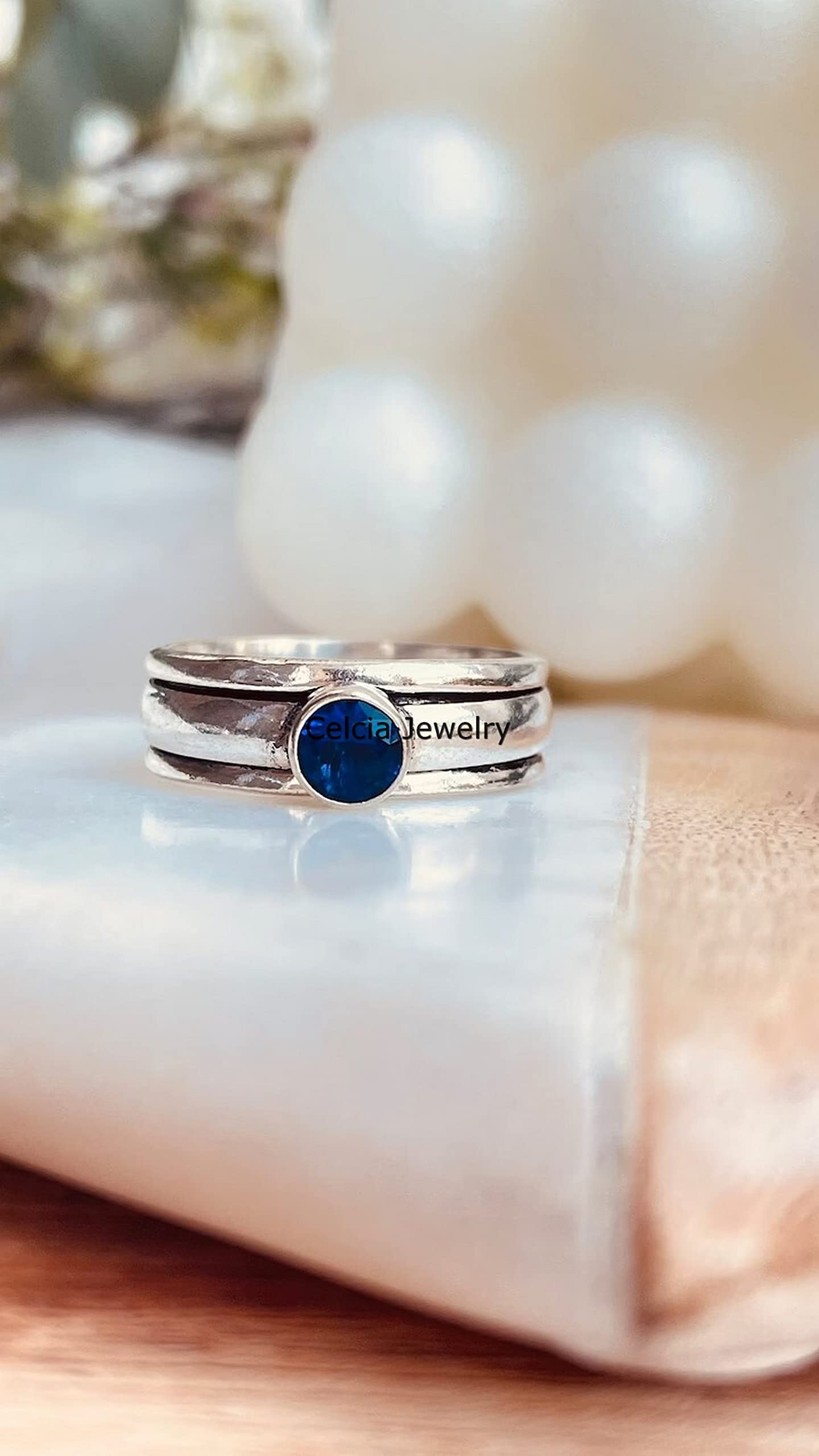 Natural Blue Sapphire Spinner Ring - September Birthstone Jewelry for Women & Men, Fidget Anxiety Relief Ring, Meditation & Stress Relief Spinning Ring, Elegant & Delicate Design (US Size 7) - Perfect Gift for Birthday, Anniversary & Relaxation Therapy