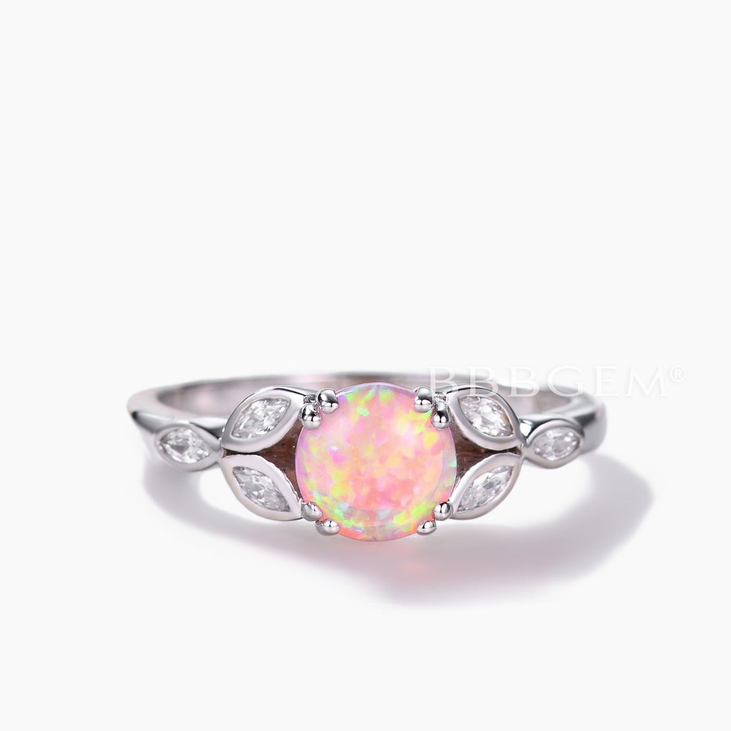 Seven Stones Pink Opal & Marquise Moissanite Engagement Ring in 14K White Gold - Perfect for Proposals, Anniversaries & Bridal Jewelry