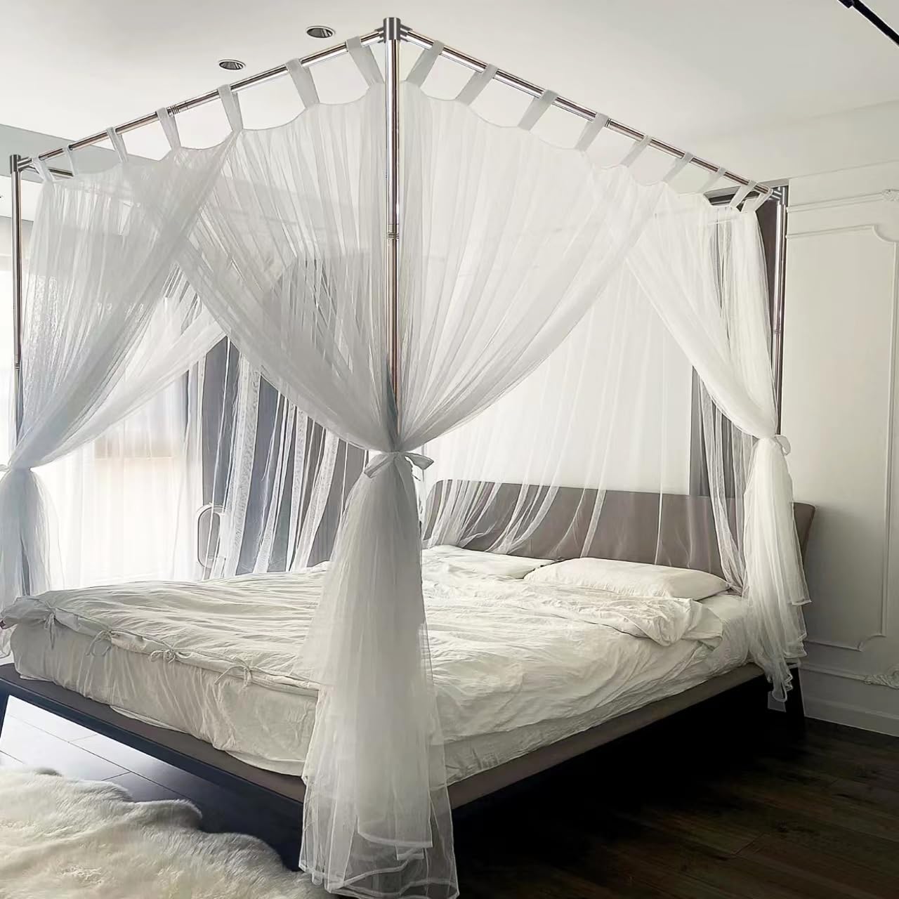 Full Size Canopy Bed Frame - Thick Stainless Steel 4-Post Canopy Frame with Mosquito Net for Bedroom Decor | Romantic & Bohemian Style Bedroom Setup