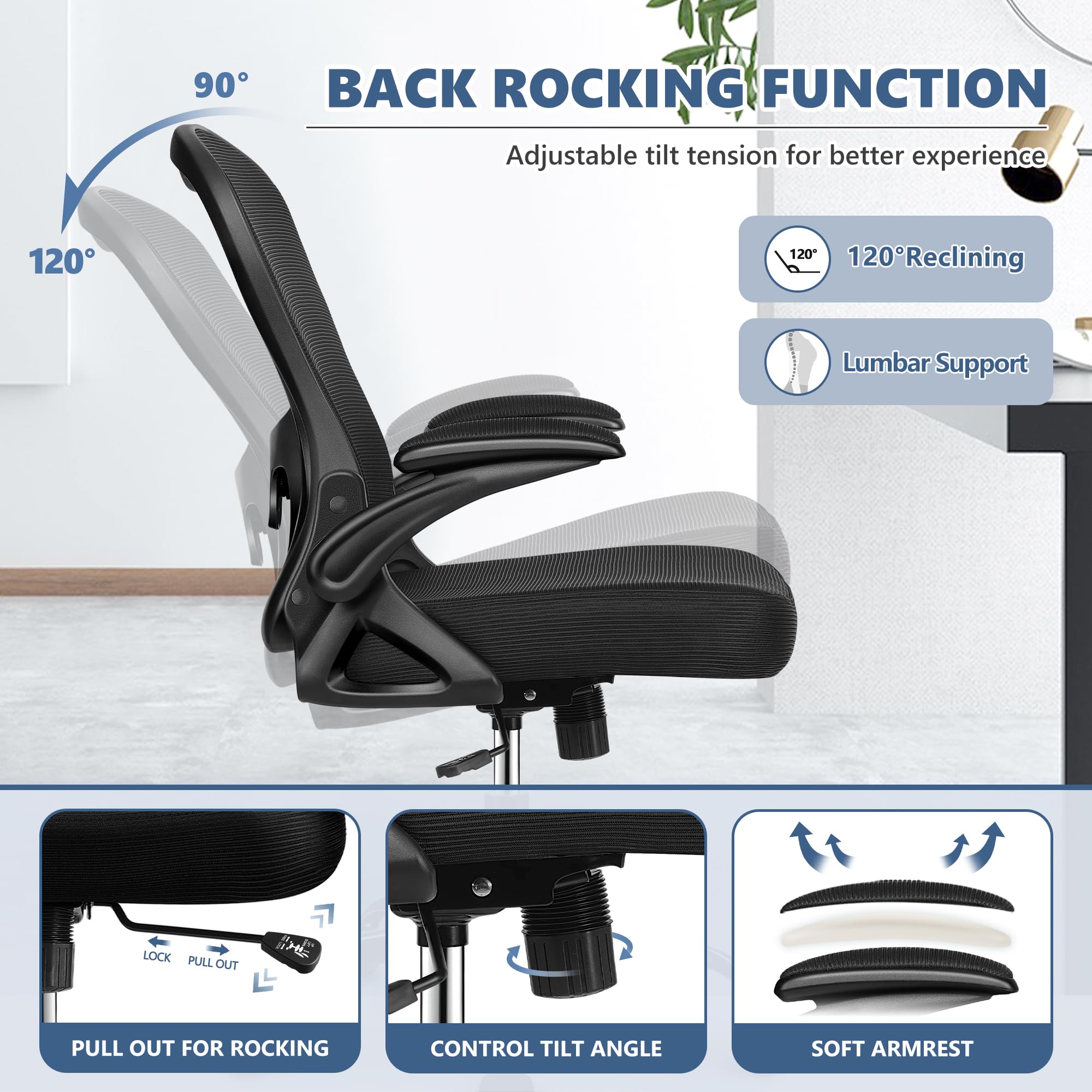 Ergonomic Mesh Office Chair with Adjustable Lumbar Support - Breathable Swivel Computer Desk Chair, Mid Back Task Chair with Flip-Up Armrests for Home & Office Workspace - Perfect for Long Hours of Sitting, Gaming, or Remote Work (Black)