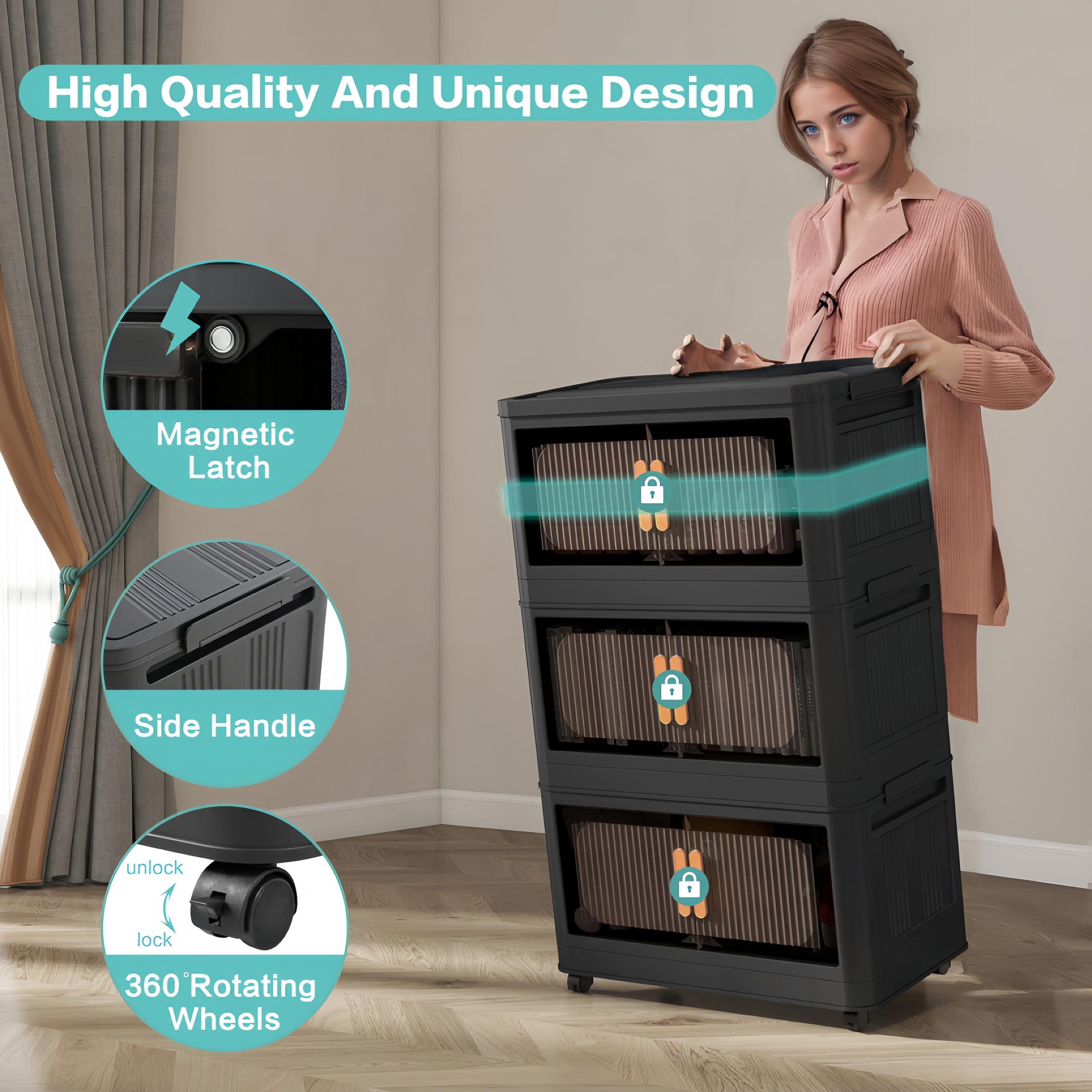Collapsible Storage Bins with Magnetic Door - 5-Tier Plastic Storage Cabinet with Wheels, Black Folding Organizer (19.69
