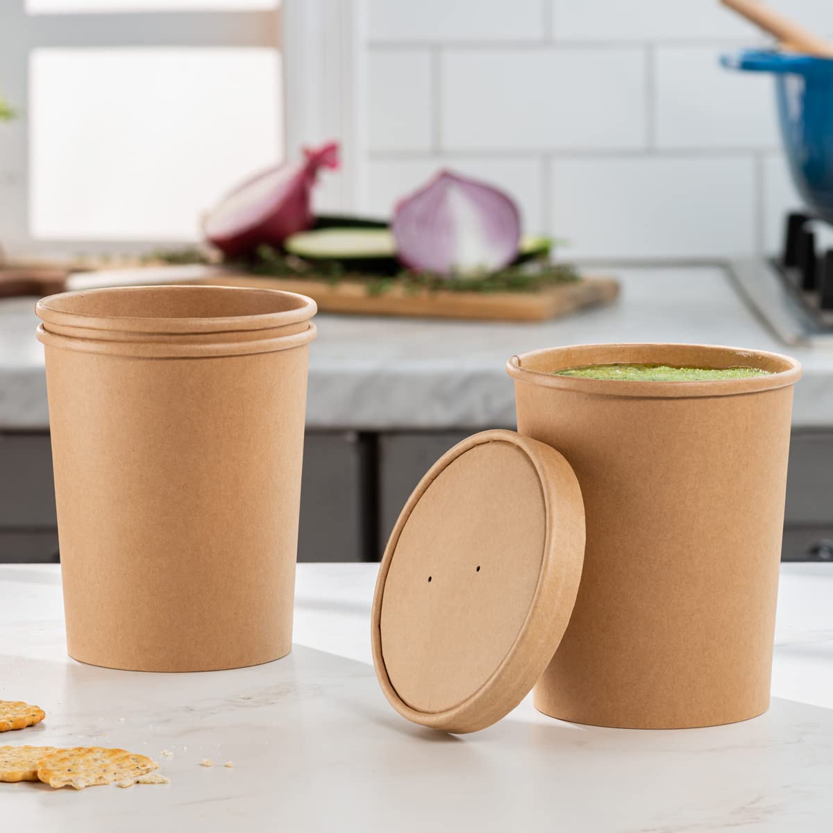 200-Pack 32 oz Kraft Paper Food Containers with Vented Lids | Disposable Soup Bowls & Ice Cream Cups | Microwave Safe, Leak-Proof | Perfect for Takeout, Restaurants, Catering & Parties