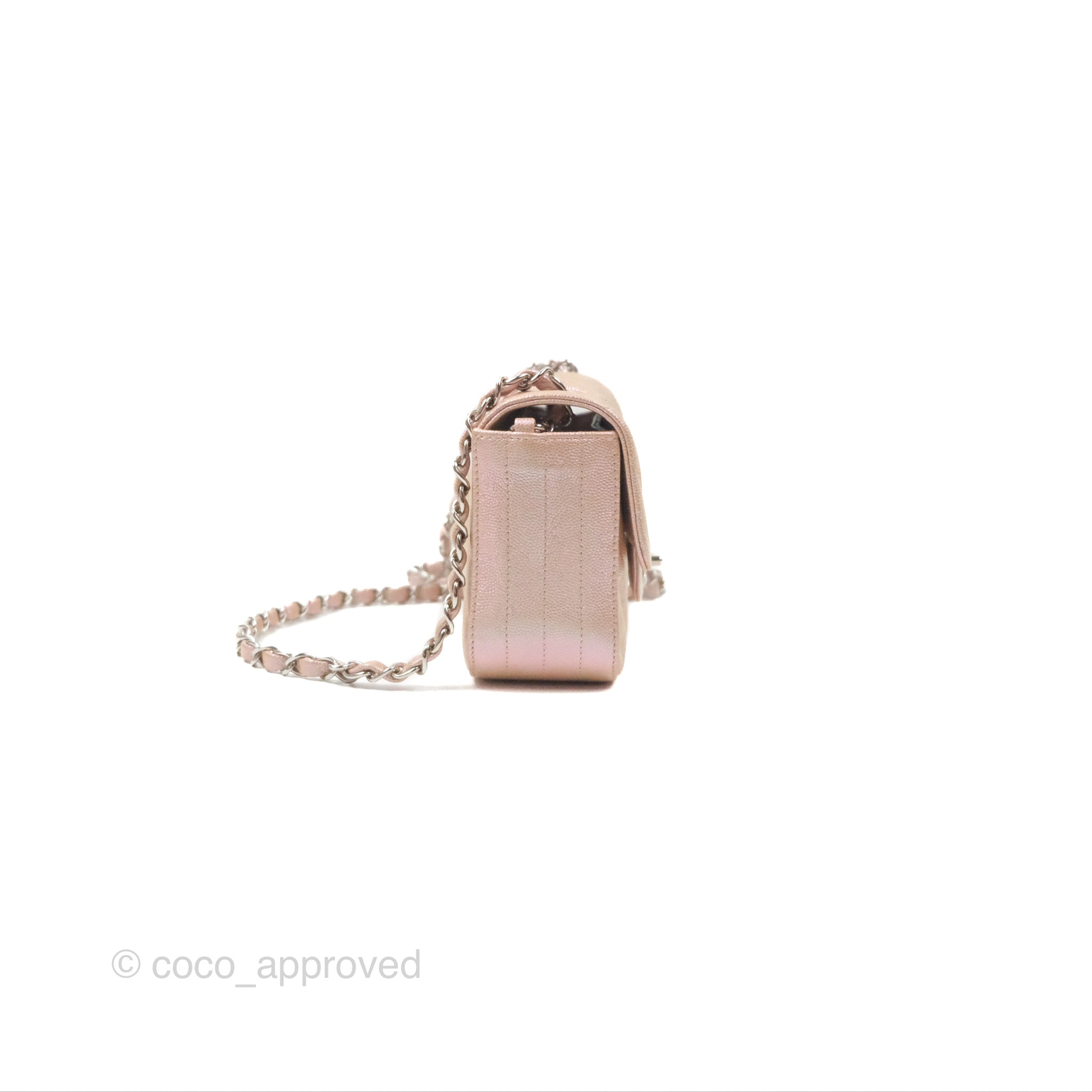 Chanel Chevron Mini Rectangular Flap Bag in Iridescent Rose Gold Caviar Leather with Ruthenium Hardware - Perfect for Evening Events & Luxury Fashion Accessories
