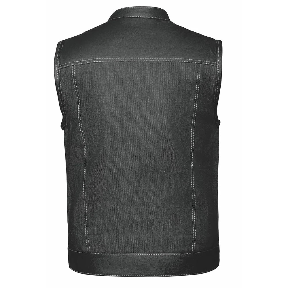 Open Road Men's Denim & Leather Club Vest - Stylish Biker Jacket for Motorcycle Riders & Casual Wear - Perfect for Road Trips, Outdoor Adventures & Everyday Fashion