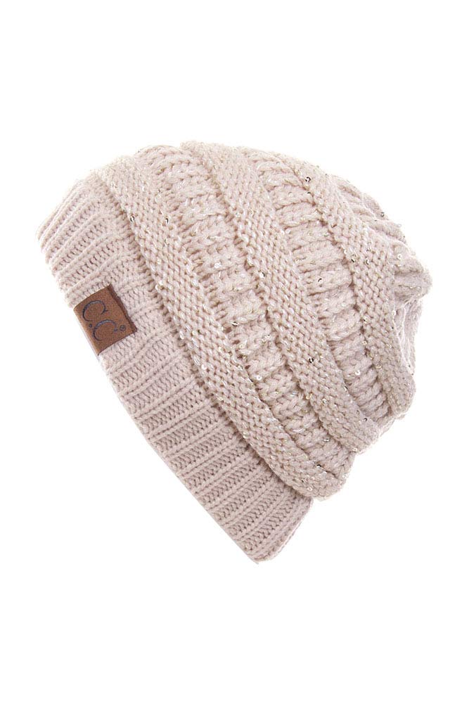 JINS CLOSET Women's Knitted Sparkle Sequin Beanie Hat - Soft Skull Cap for Ponytail & Messy Bun - Winter Warm Fleece Lined Hat for Women & Girls (Great for Outdoor Activities, Running, Yoga & Casual Wear)