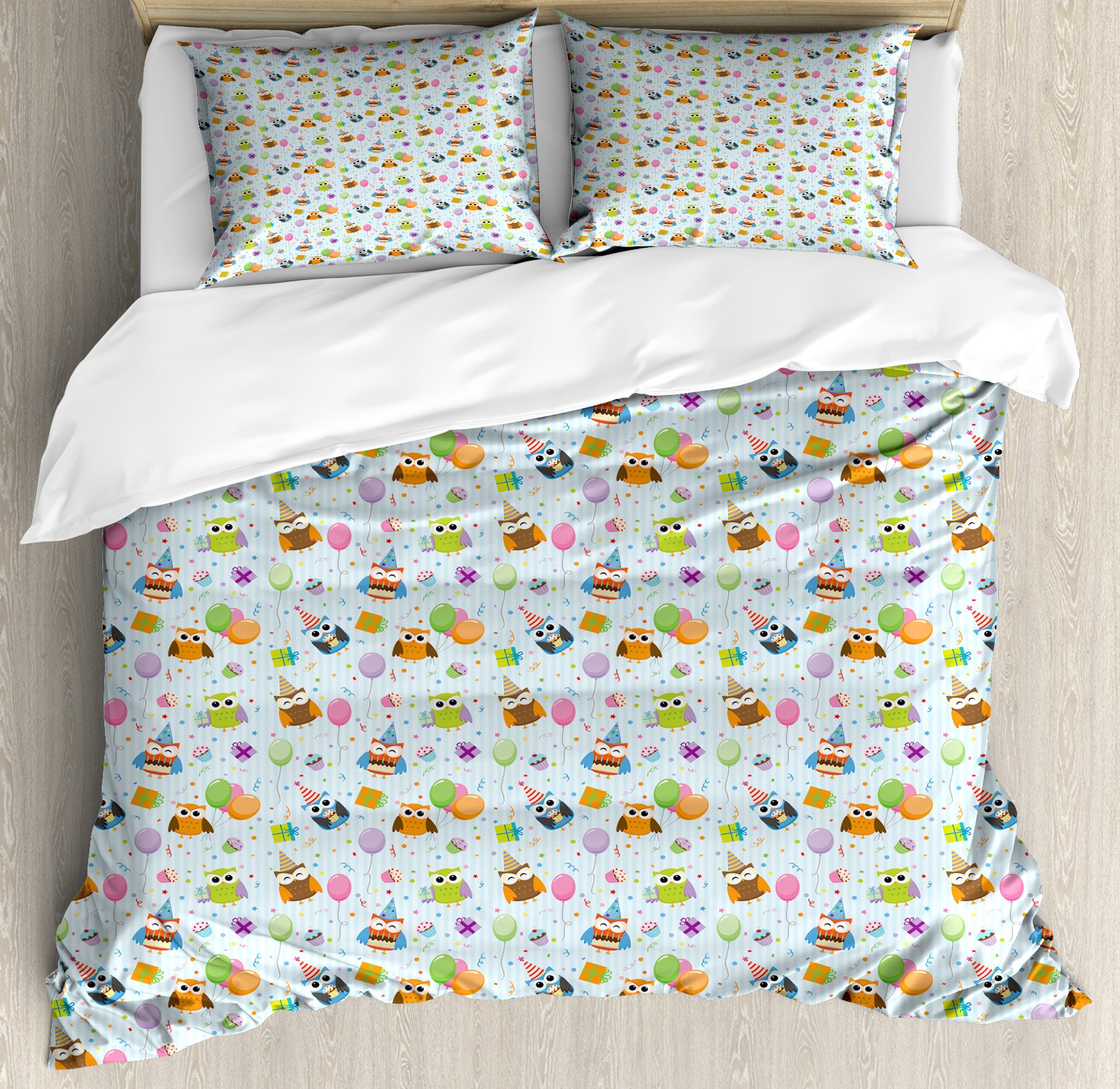 Ambesonne Birthday Duvet Cover Set - Cheery Celebration Owls in Party Hats with Presents, Balloons & Cakes - 3 Piece Queen Size Bedding Set with 2 Pillow Shams - Vibrant Multicolor Design for Kids' Rooms, Birthday Parties & Festive Home Decor