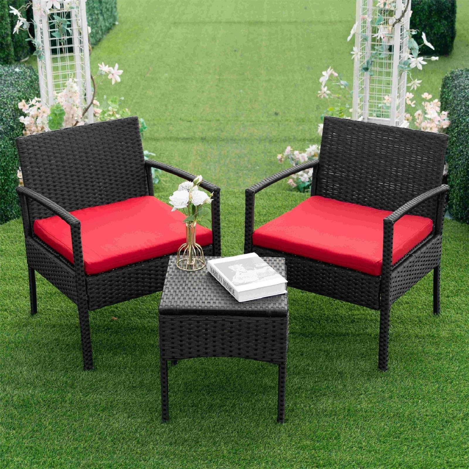 PROHIKER 3-Piece Rattan Patio Conversation Set - Outdoor Wicker Chairs for Garden, Porch, Balcony & Yard - Red Bistro Furniture for Relaxing & Entertaining