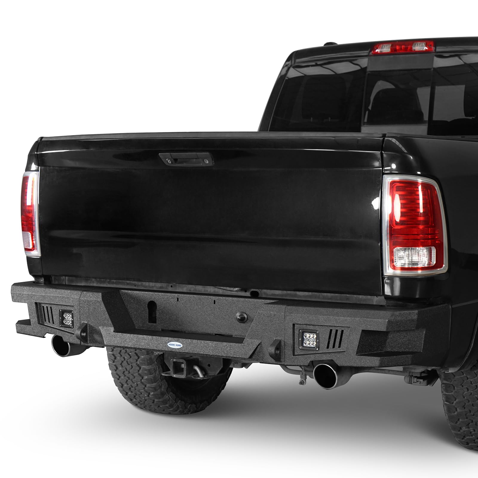 Hooke Road Heavy Duty Rear Bumper with D-Ring Mount & LED Lights for 2009-2018 Dodge Ram 1500 Pickup Truck - Offroad Step Bumper for Enhanced Safety and Towing - Perfect for Off-Roading, Camping & Work Sites