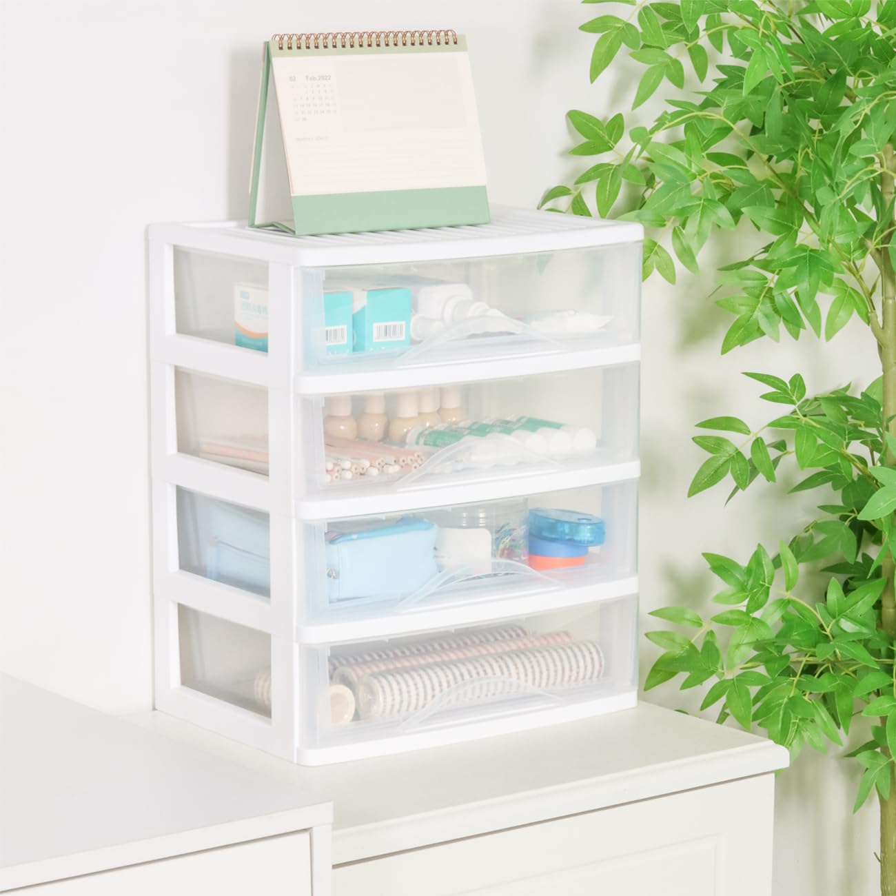 BYCY 4-Drawer Plastic Stackable Storage Organizer - White Bathroom Makeup & Desk Organizer with Wide Clear Drawers - Easy Assembly for Fridge, Bathroom, Cabinet - Perfect for Cosmetics, Office Supplies & Kitchen Storage Organization